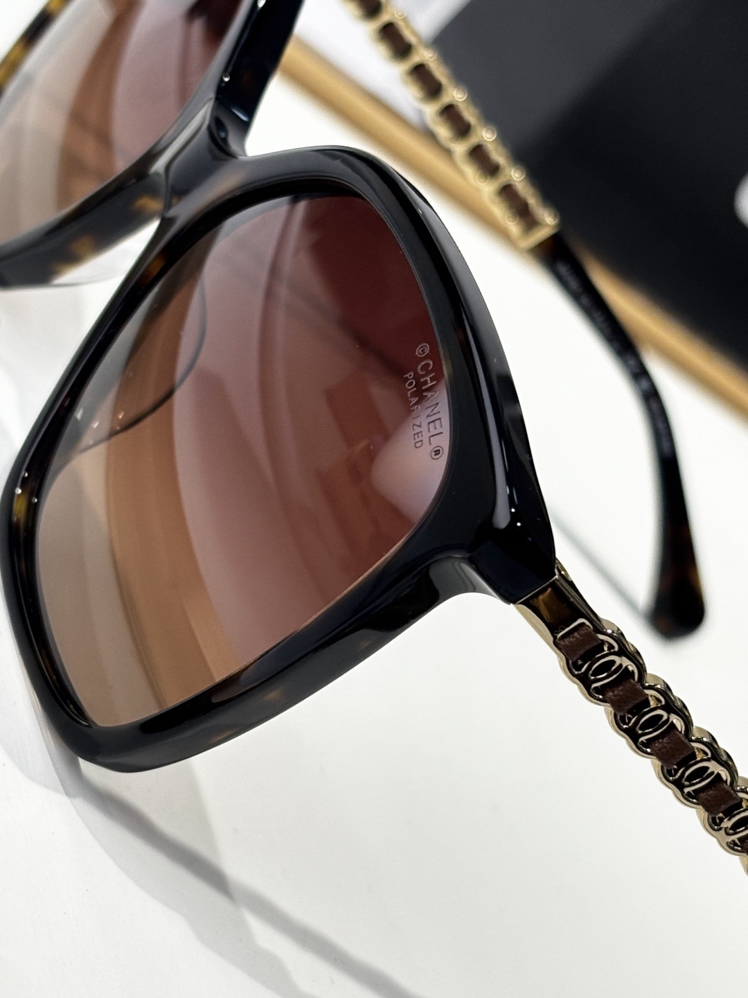 Chanel Polarized Square Sunglasses - Tortoise with Gold Chain