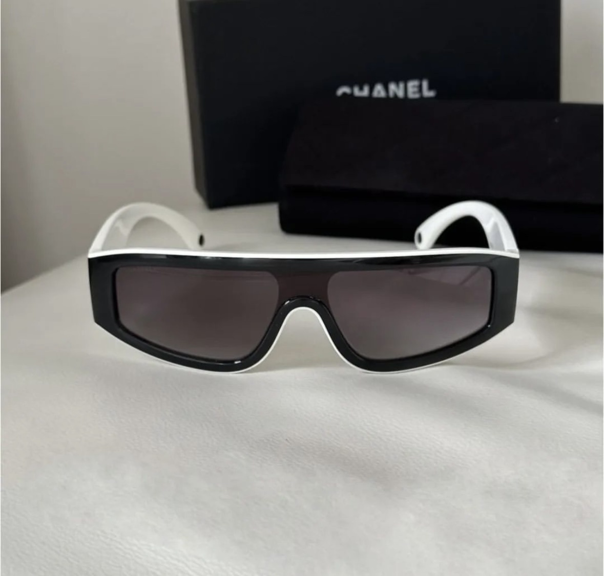 Chanel Black and White Shield Sunglasses - Luxury CC Logo Eyewear
