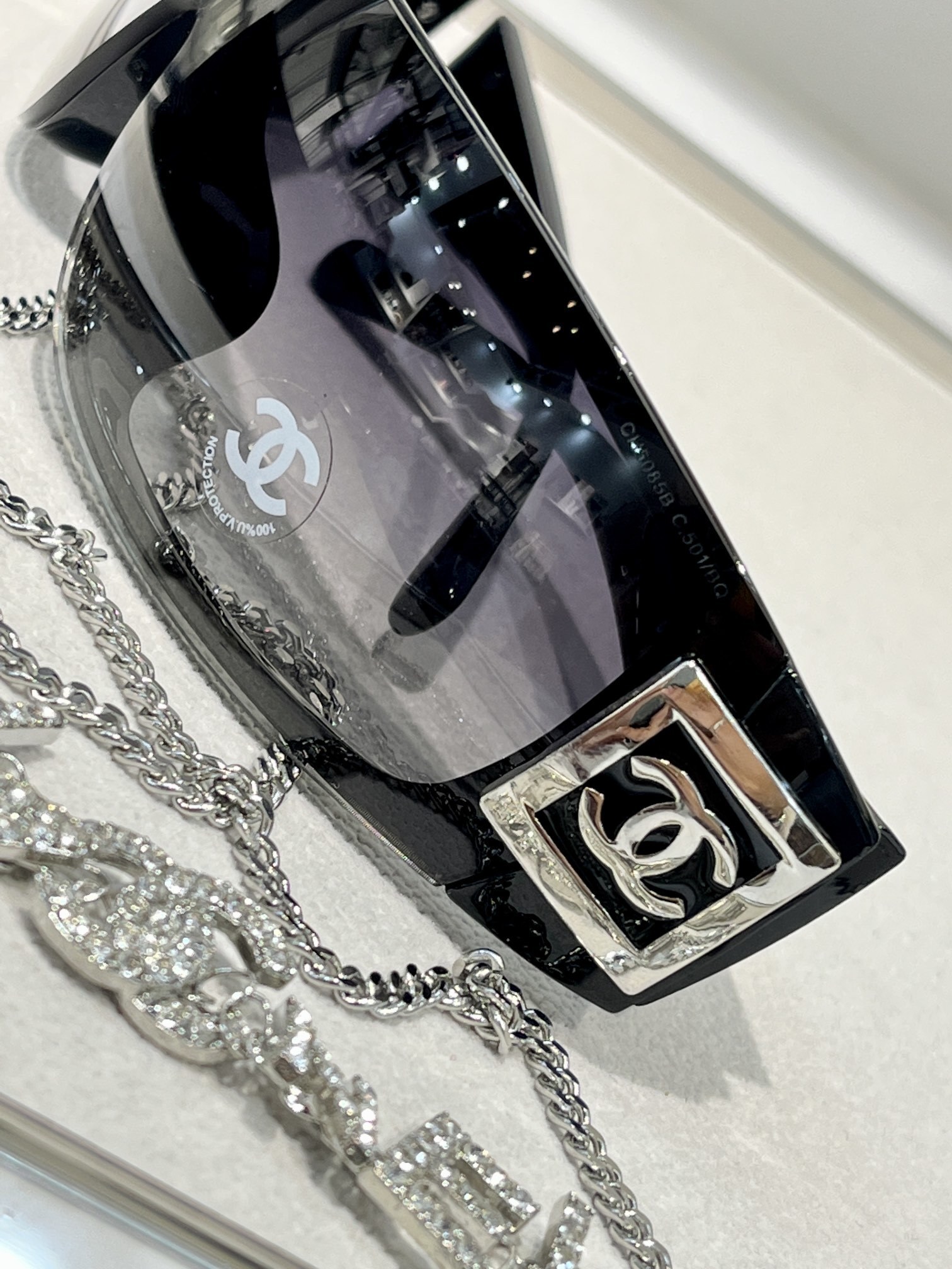 Chanel Luxury Black Shield Sunglasses with Iconic CC Logo Detail