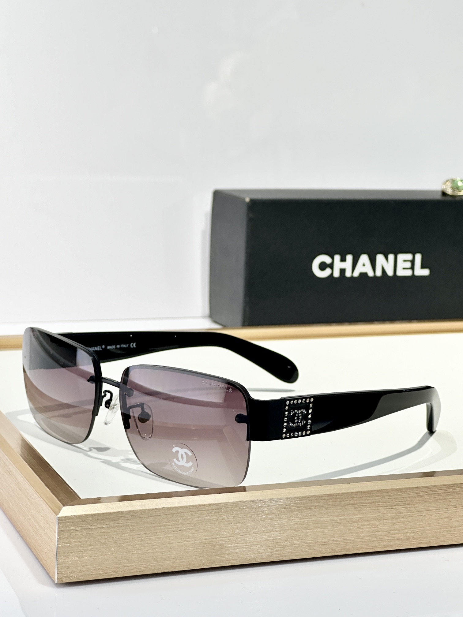 Chanel Rimless Rectangle Sunglasses with Crystal CC Logo