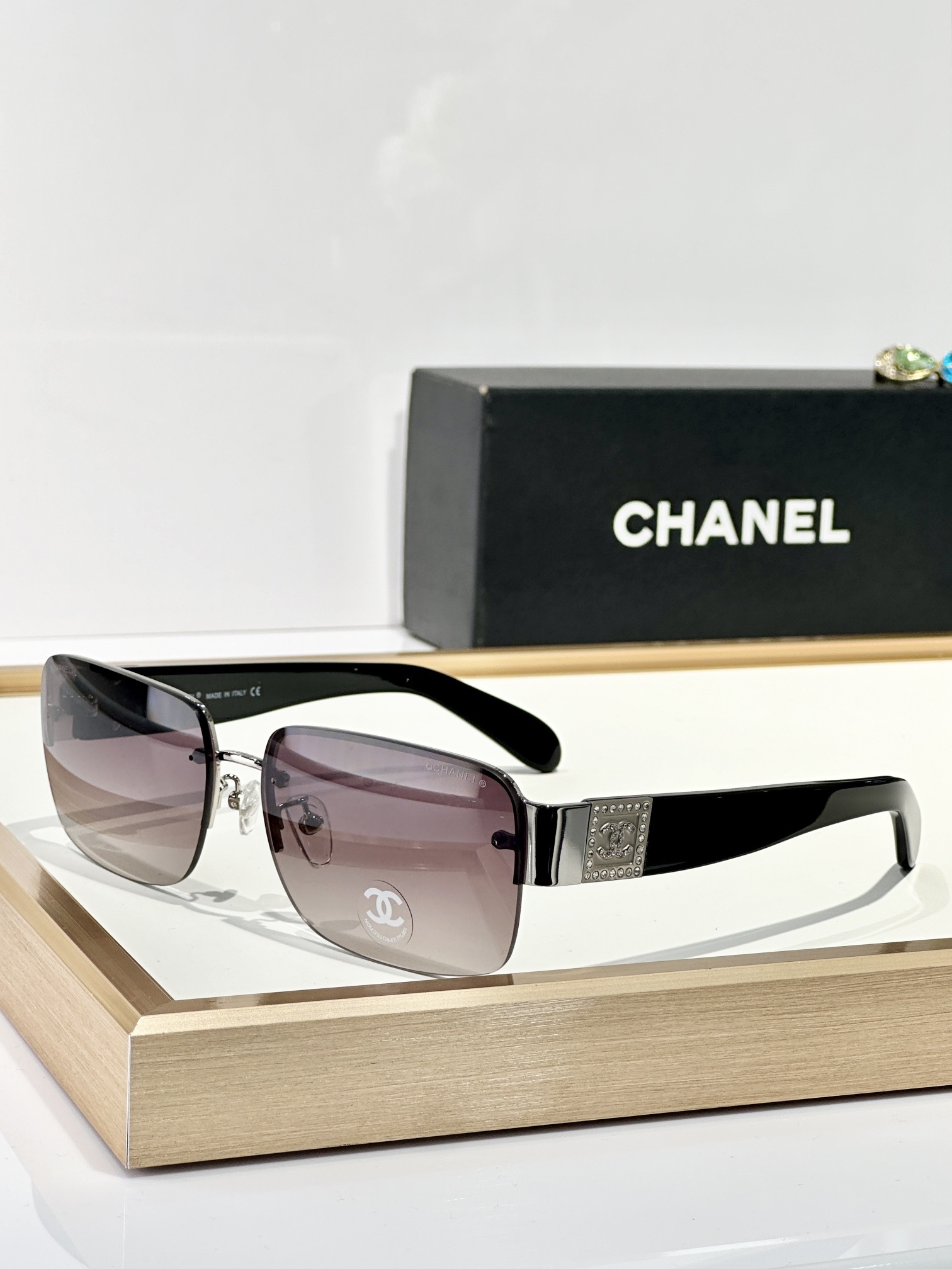 Chanel Rimless Rectangle Sunglasses with Crystal CC Logo