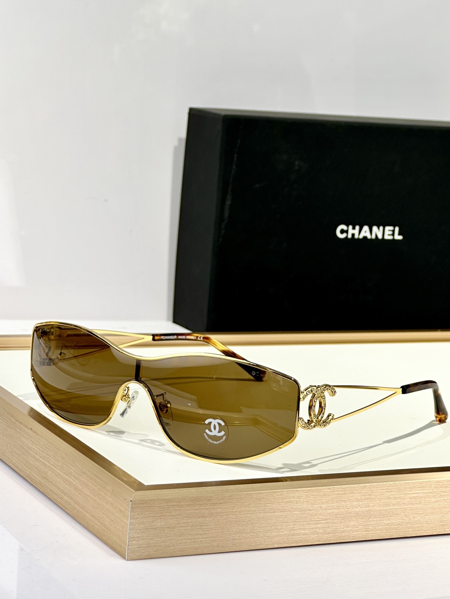 Chanel Shield Wrap Sunglasses with Crystal CC Logo Luxury Eyewear