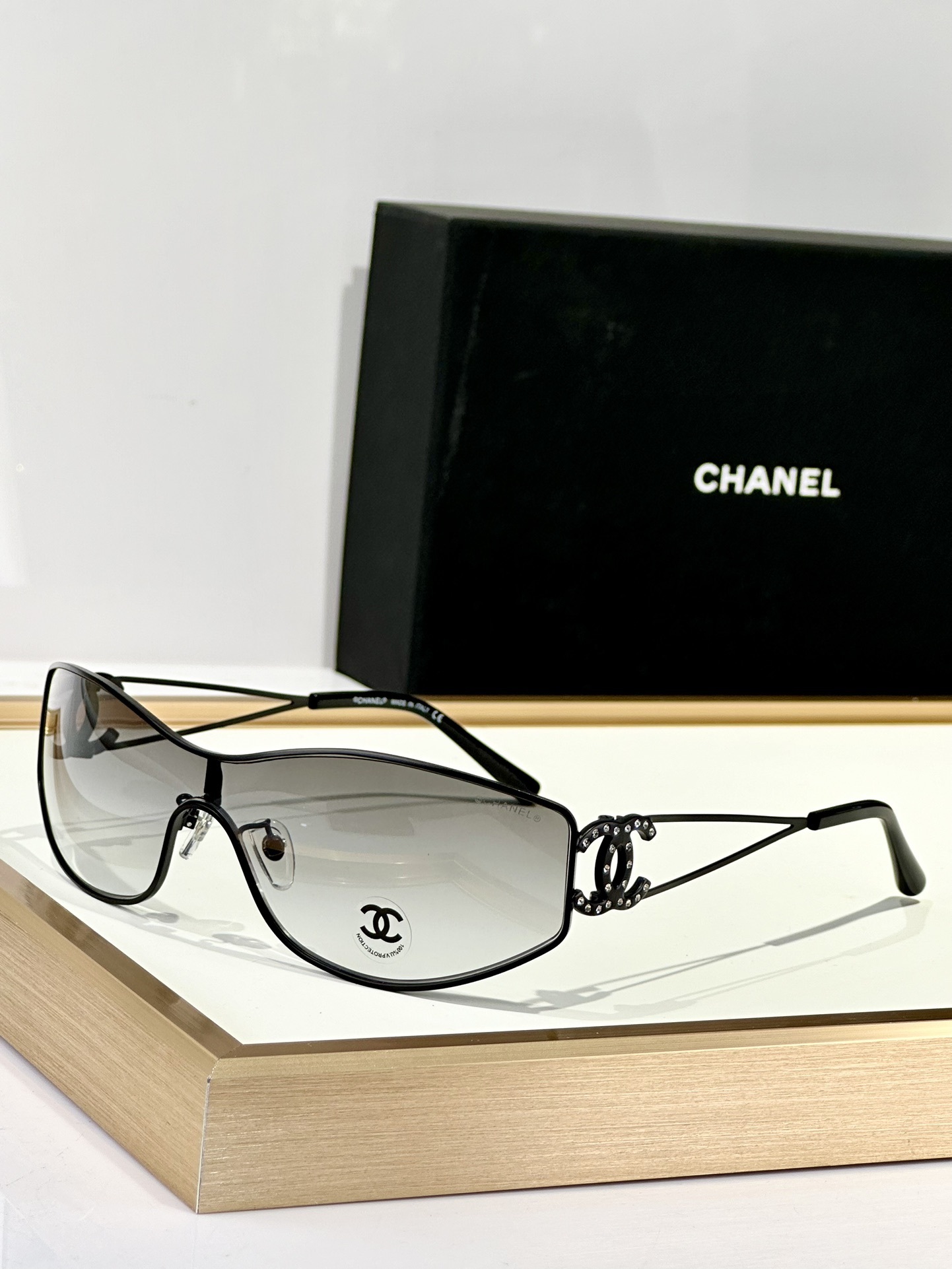 Chanel Shield Wrap Sunglasses with Crystal CC Logo Luxury Eyewear