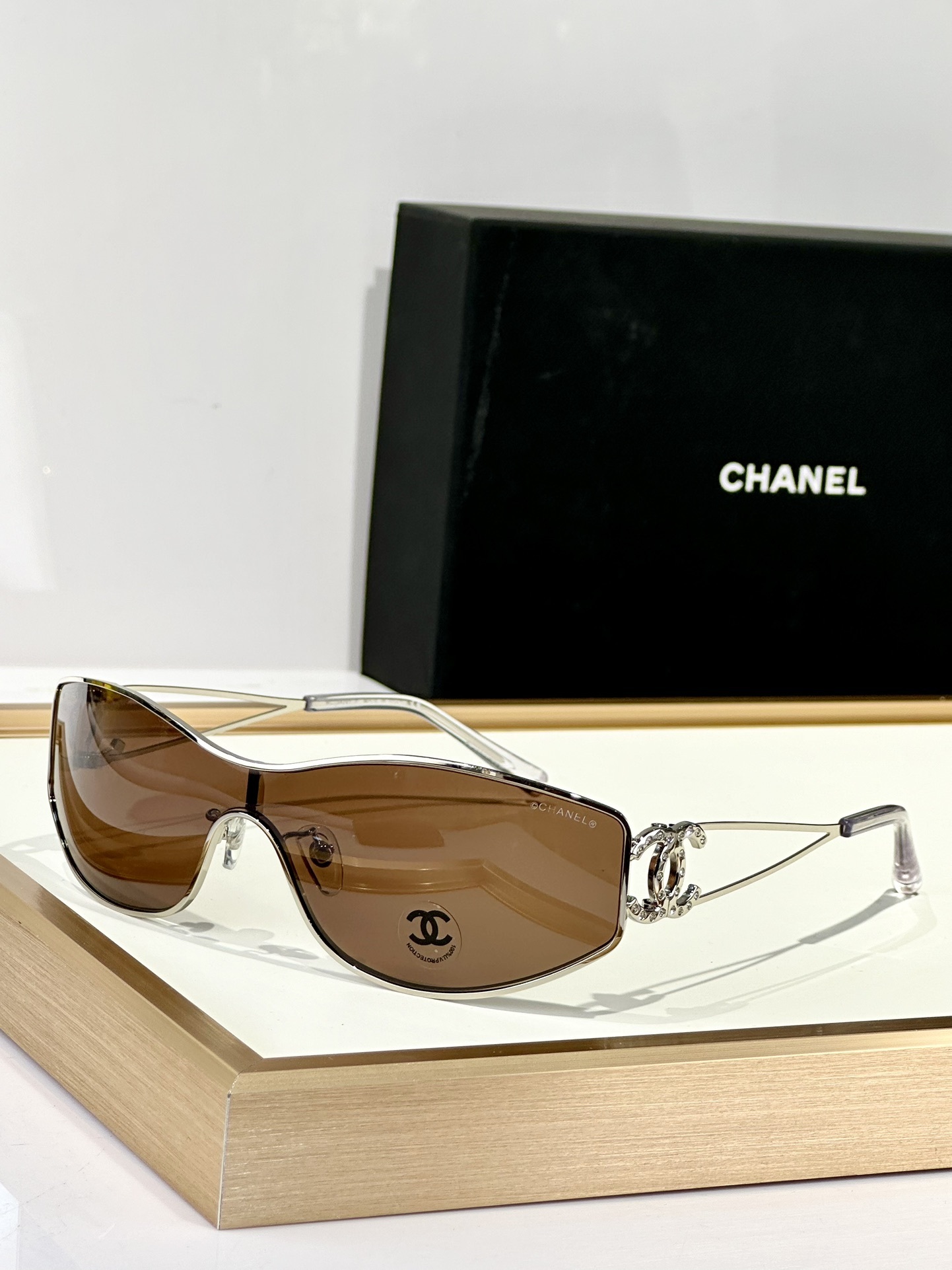 Chanel Shield Wrap Sunglasses with Crystal CC Logo Luxury Eyewear