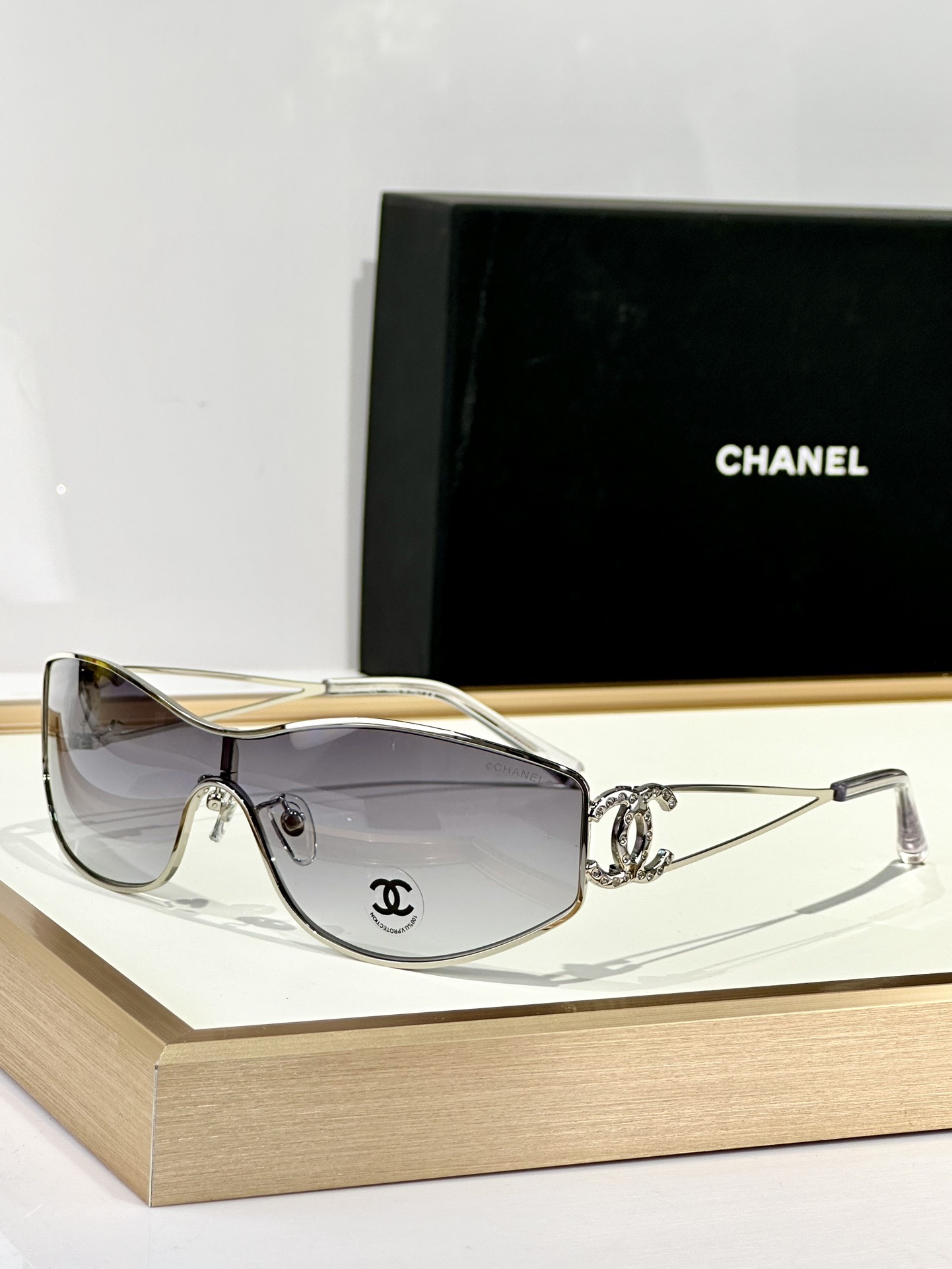 Chanel Shield Wrap Sunglasses with Crystal CC Logo Luxury Eyewear