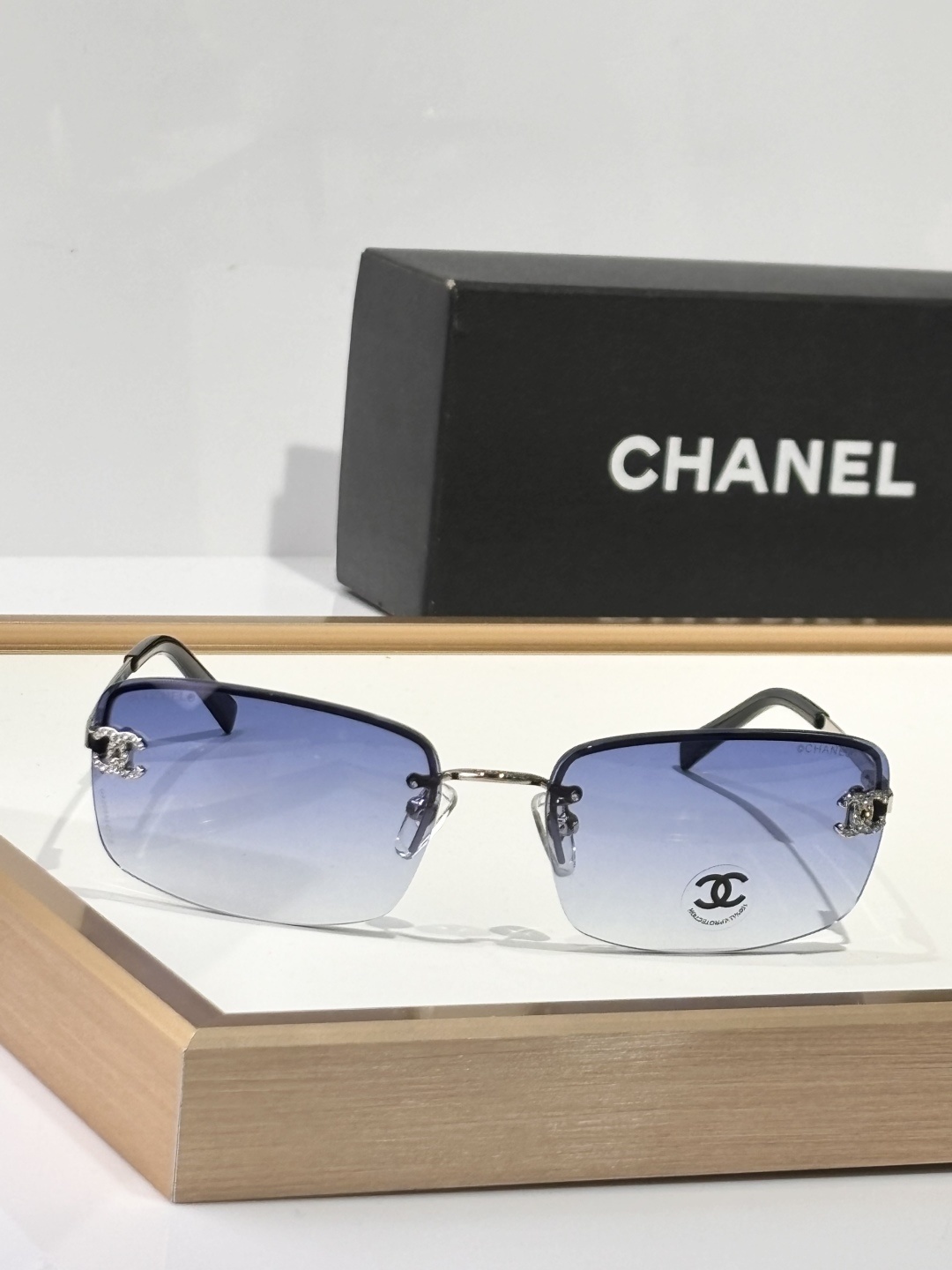 Luxury Chanel Rimless Gradient Sunglasses with Rhinestone CC Logo