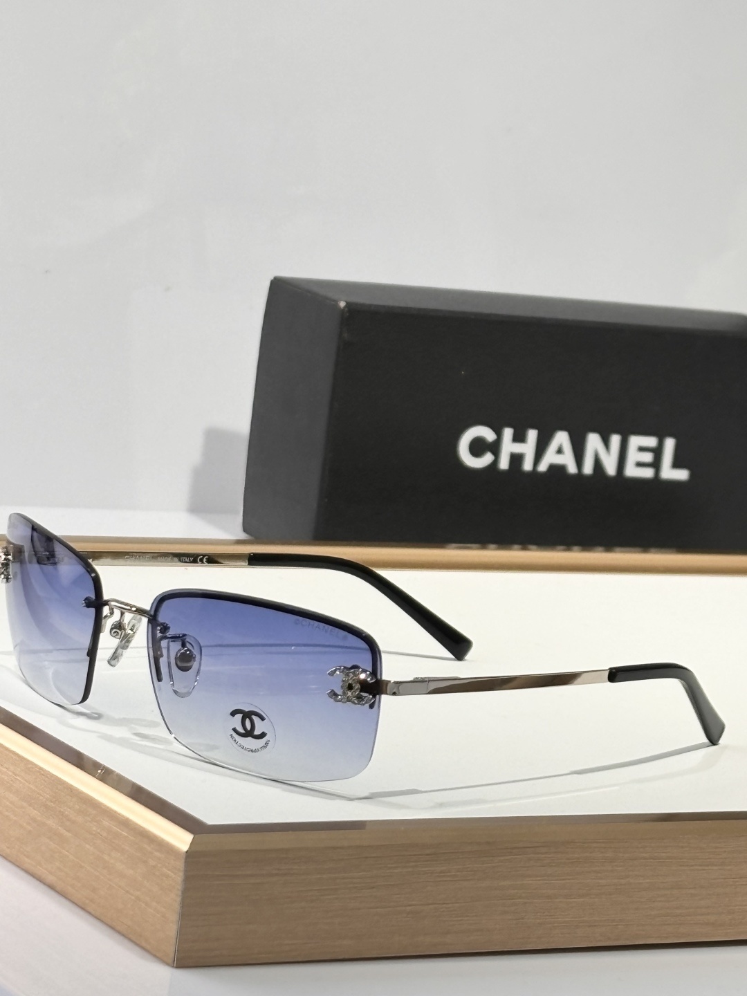 Chanel Rimless Sunglasses with Rhinestone CC Logo & Gradient Lens