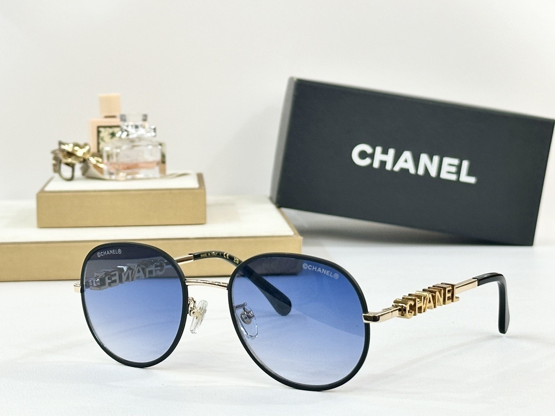Luxury Chanel Round Sunglasses with Gold Logo Lettering