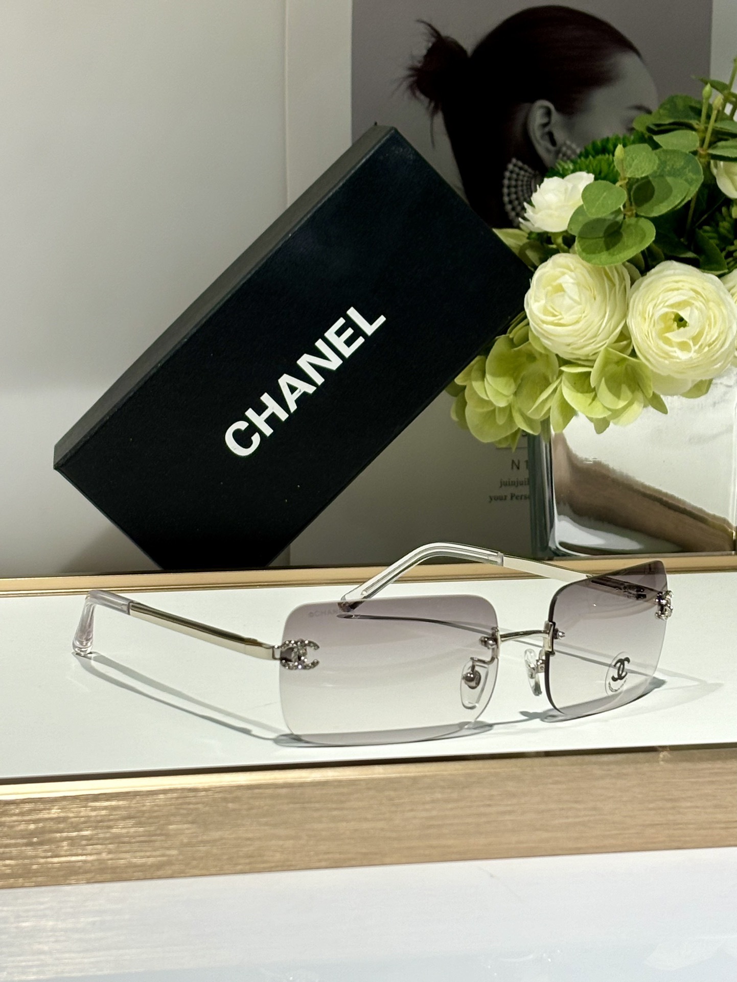 Chanel CH4218 Rimless Rectangular Sunglasses - Luxury Crystal CC