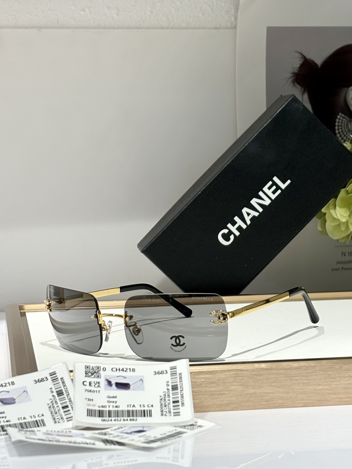 Chanel CH4218 Rimless Rectangular Sunglasses - Luxury Crystal CC