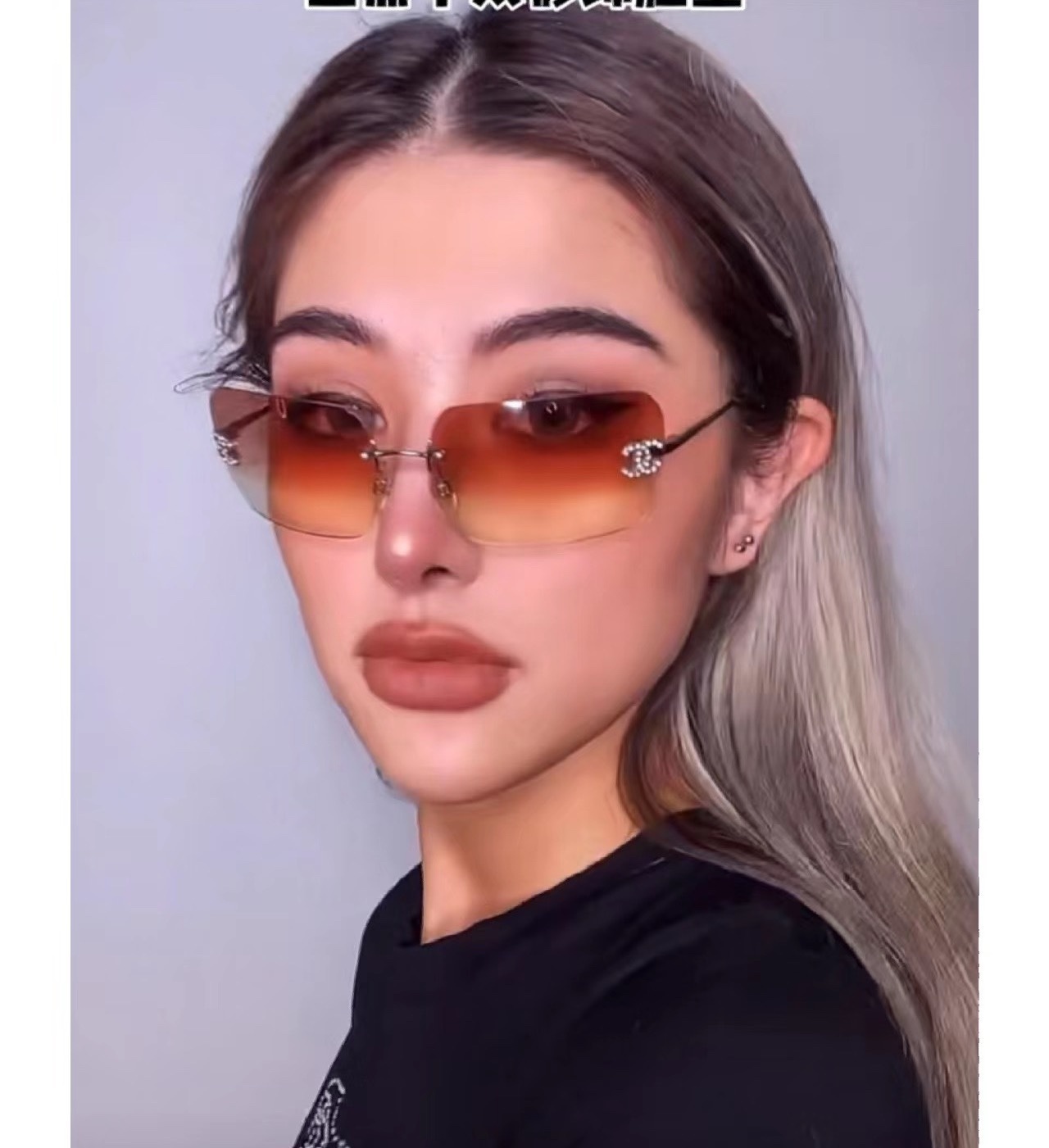 Luxury Rimless Gradient Sunglasses with Crystal Logo - Y2K Vintage