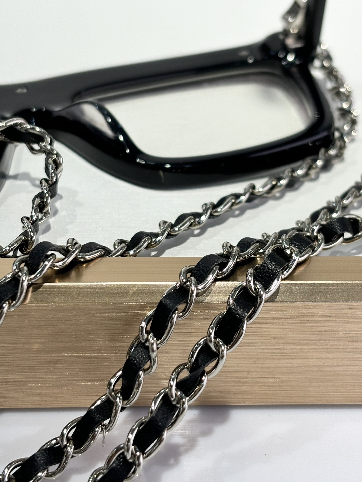 Chanel Square Blue Light Blocking Glasses with Leather Chain