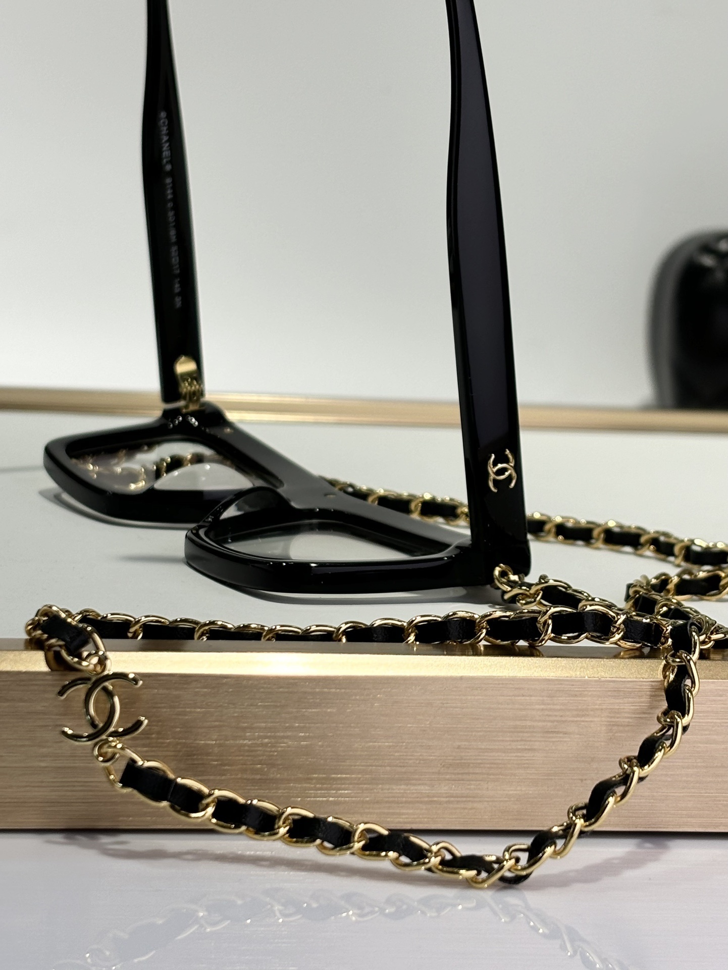 Chanel Square Eyeglasses with Signature Leather & Gold Chain