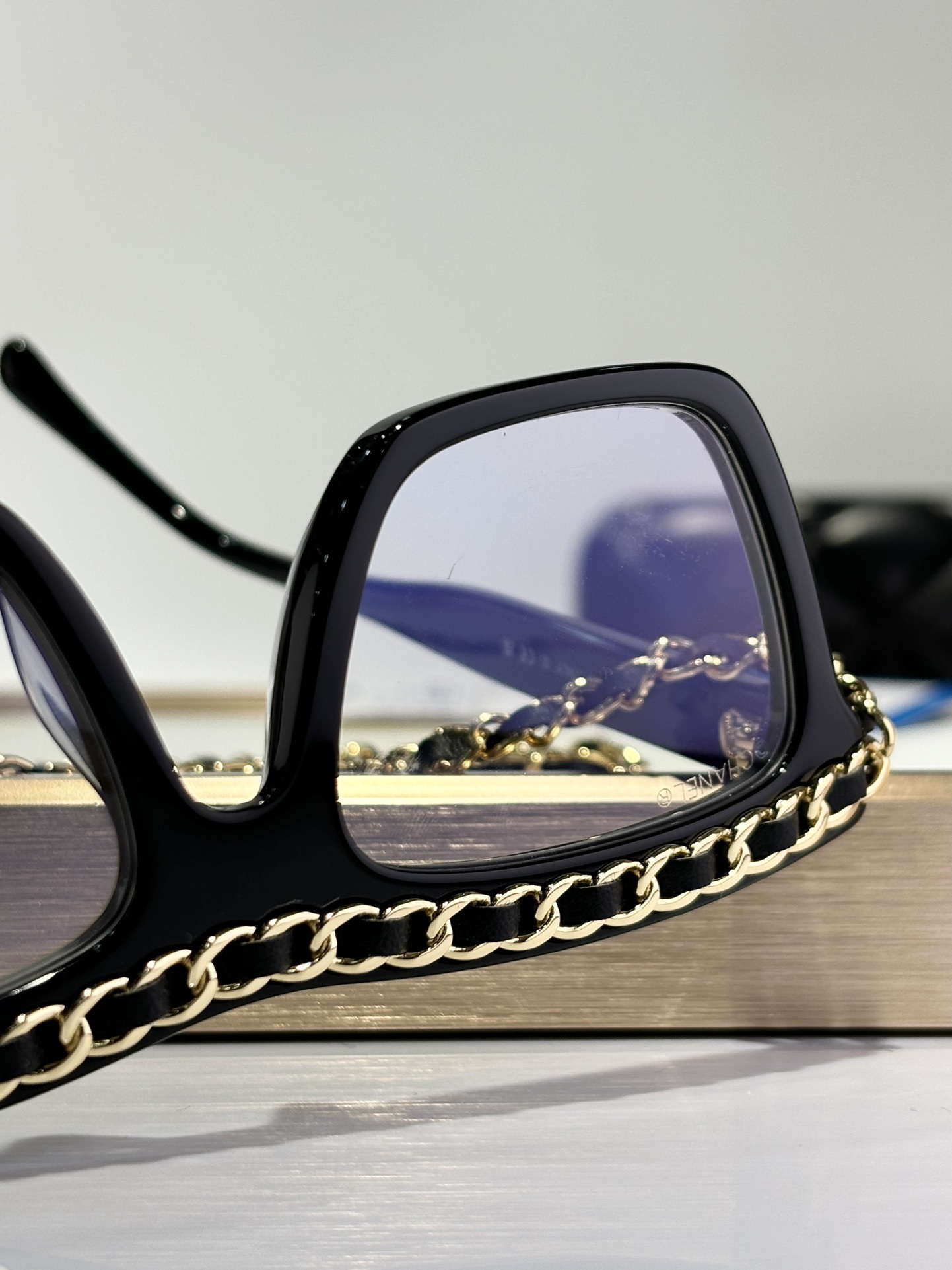 Chanel Square Eyeglasses with Signature Leather & Gold Chain