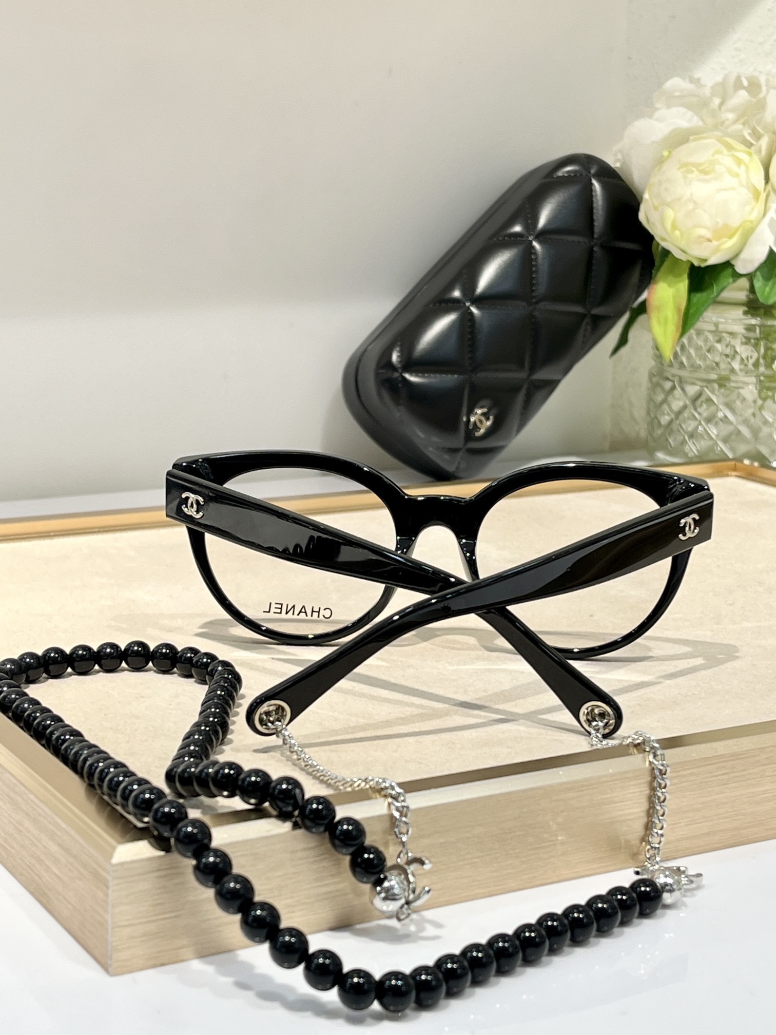 Chanel Designer Round Eyeglasses with Beaded Chain Accessory