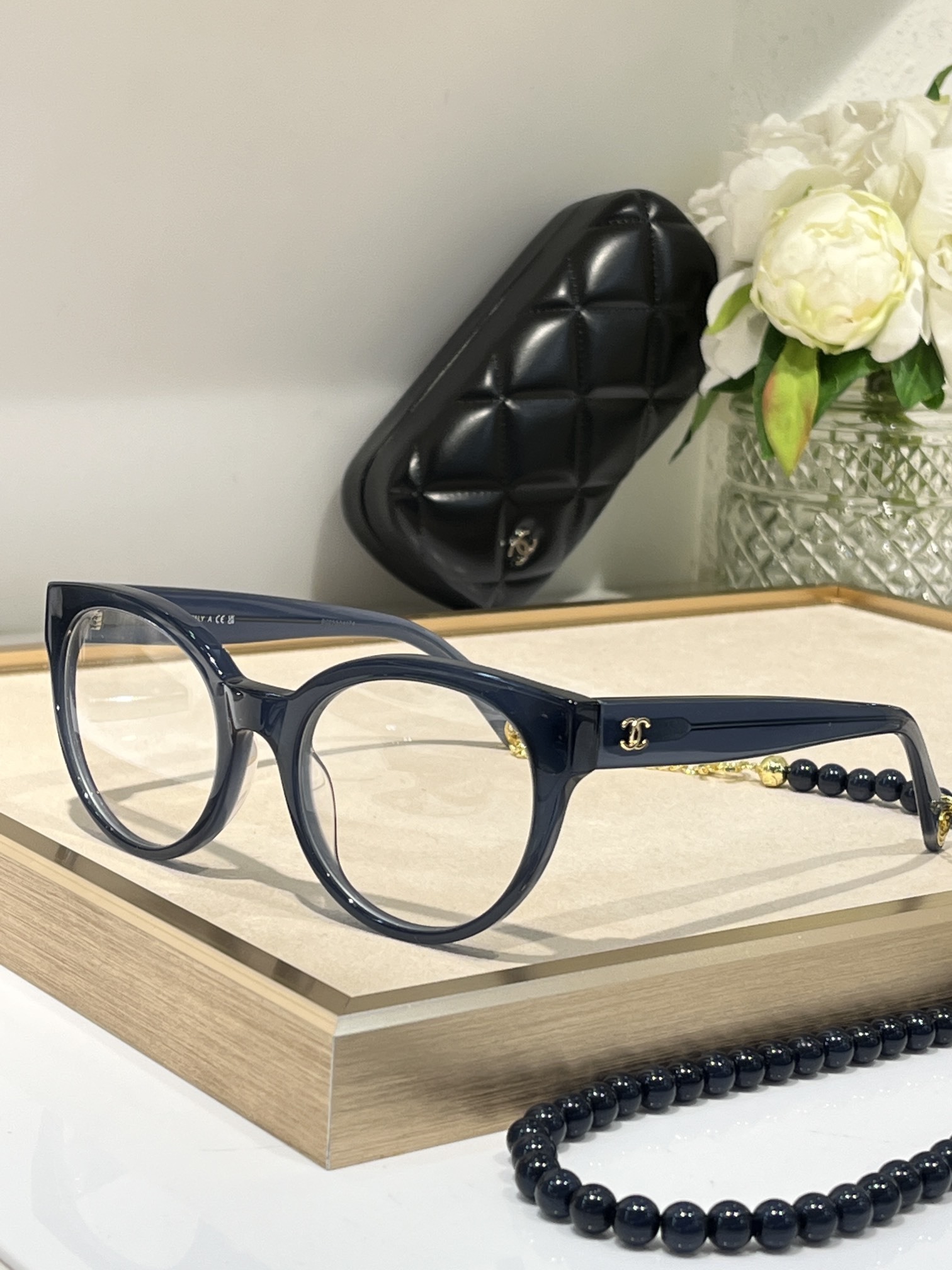 Chanel Designer Round Eyeglasses with Beaded Chain Accessory