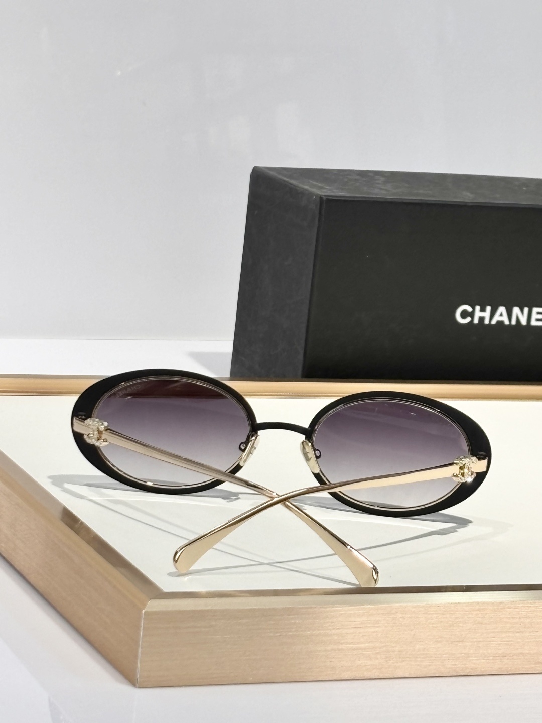 Chanel Luxury Oval Sunglasses Black Gold with Crystal CC Logo