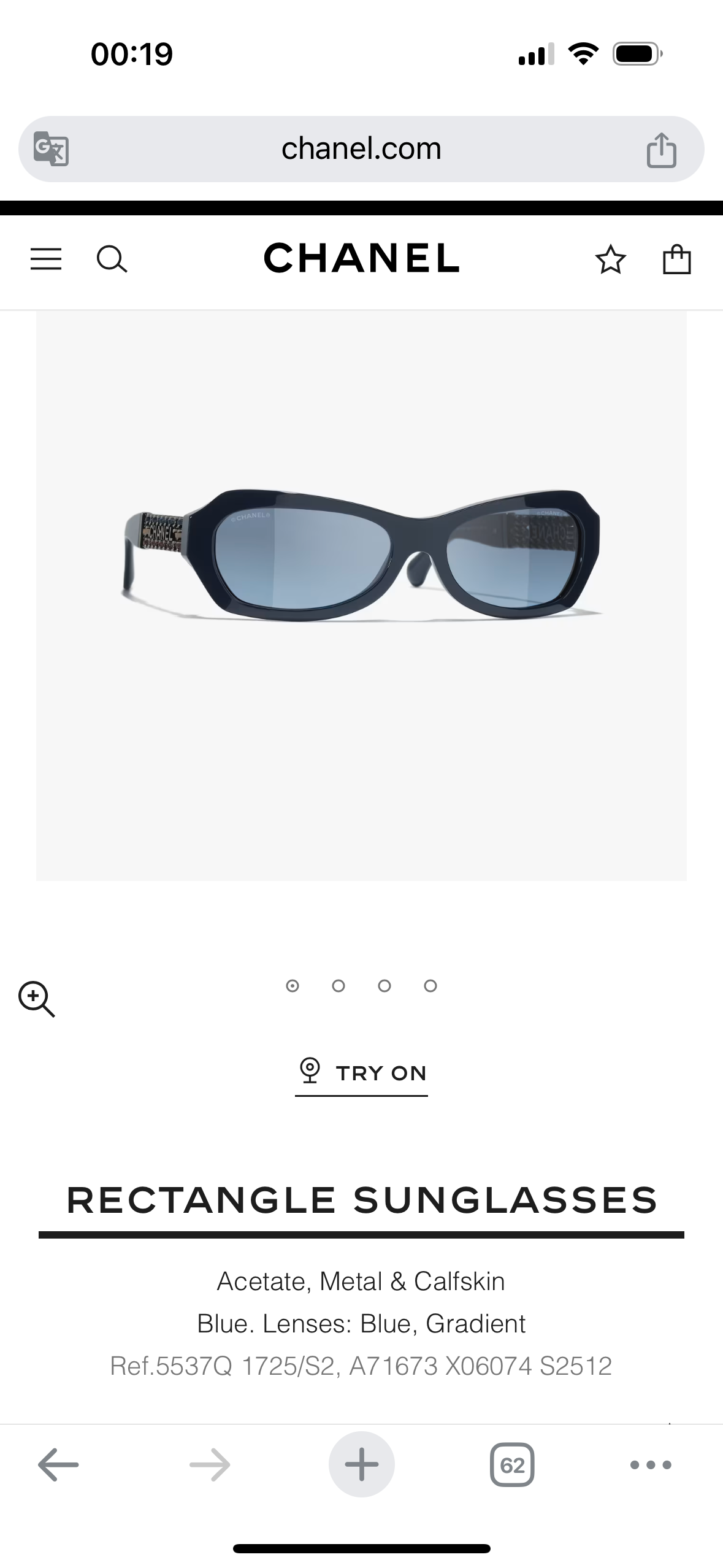 Chanel Rectangle Sunglasses – Blue Acetate with Calfskin & Metal