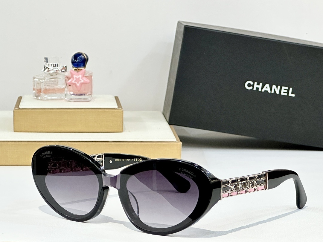 Luxury Chanel Polarized Cat-Eye Sunglasses with Braided Chain Logo