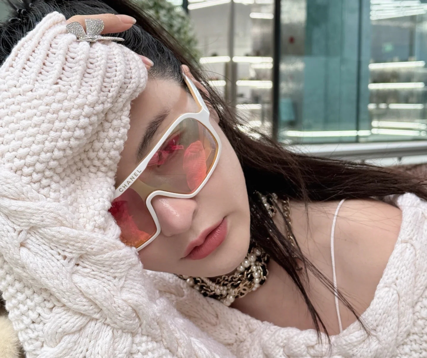 Chanel White Shield Sunglasses - Pink Mirrored Lens Luxury Eyewear