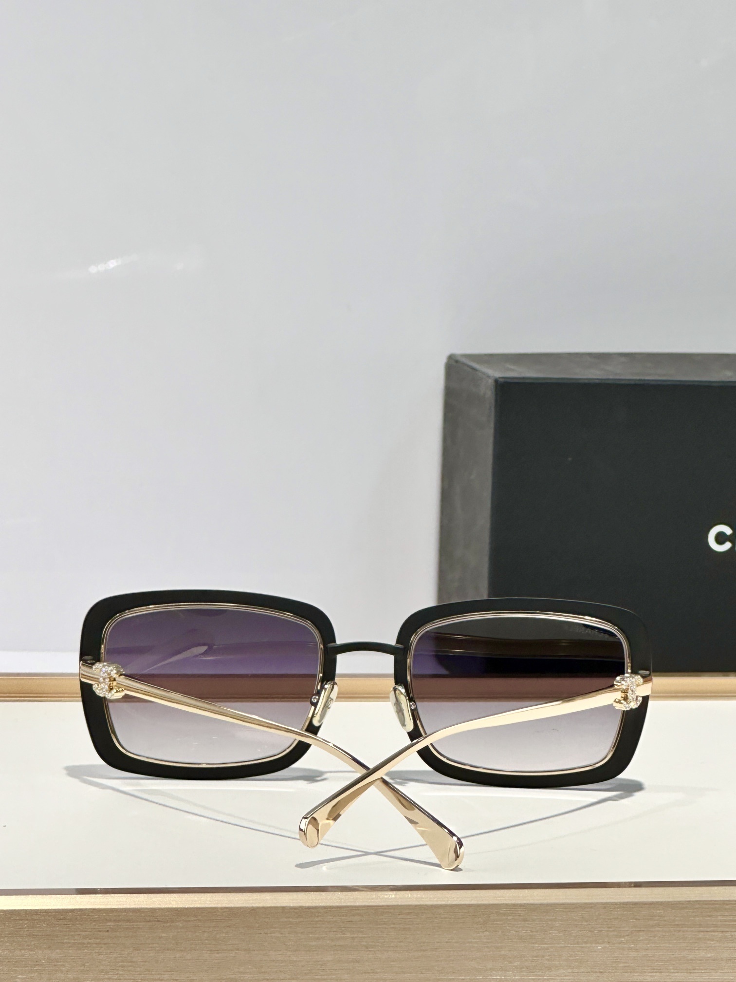 Chanel Luxury Square Sunglasses - Black & Gold with Gradient Lenses