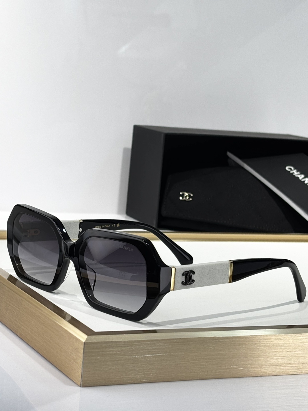 Chanel Oversized Black Geometric Sunglasses with CC Logo Temples