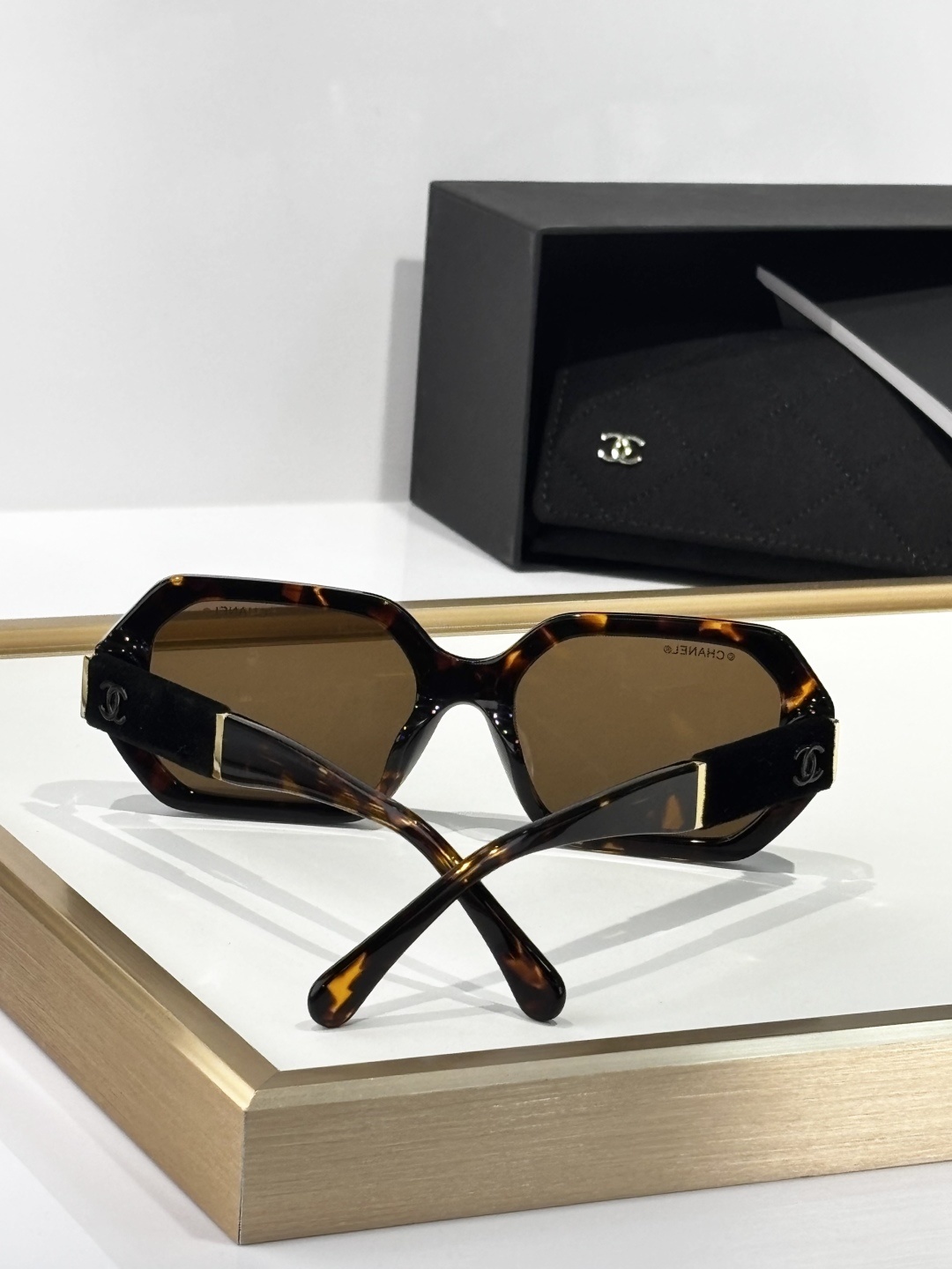 Chanel Square Tortoise Sunglasses with Velvet & Gold CC Logo