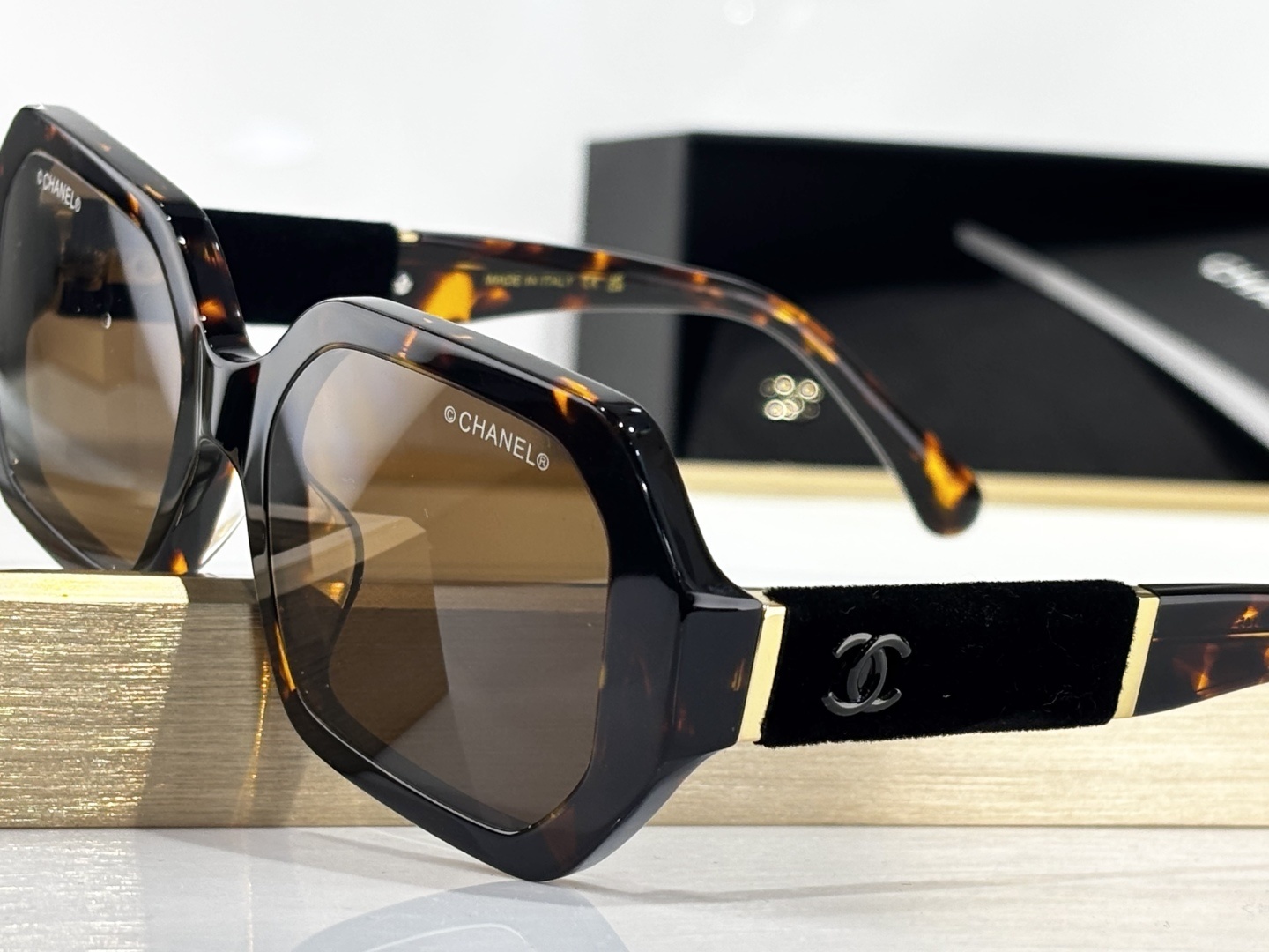 Chanel Square Tortoise Sunglasses with Velvet & Gold CC Logo