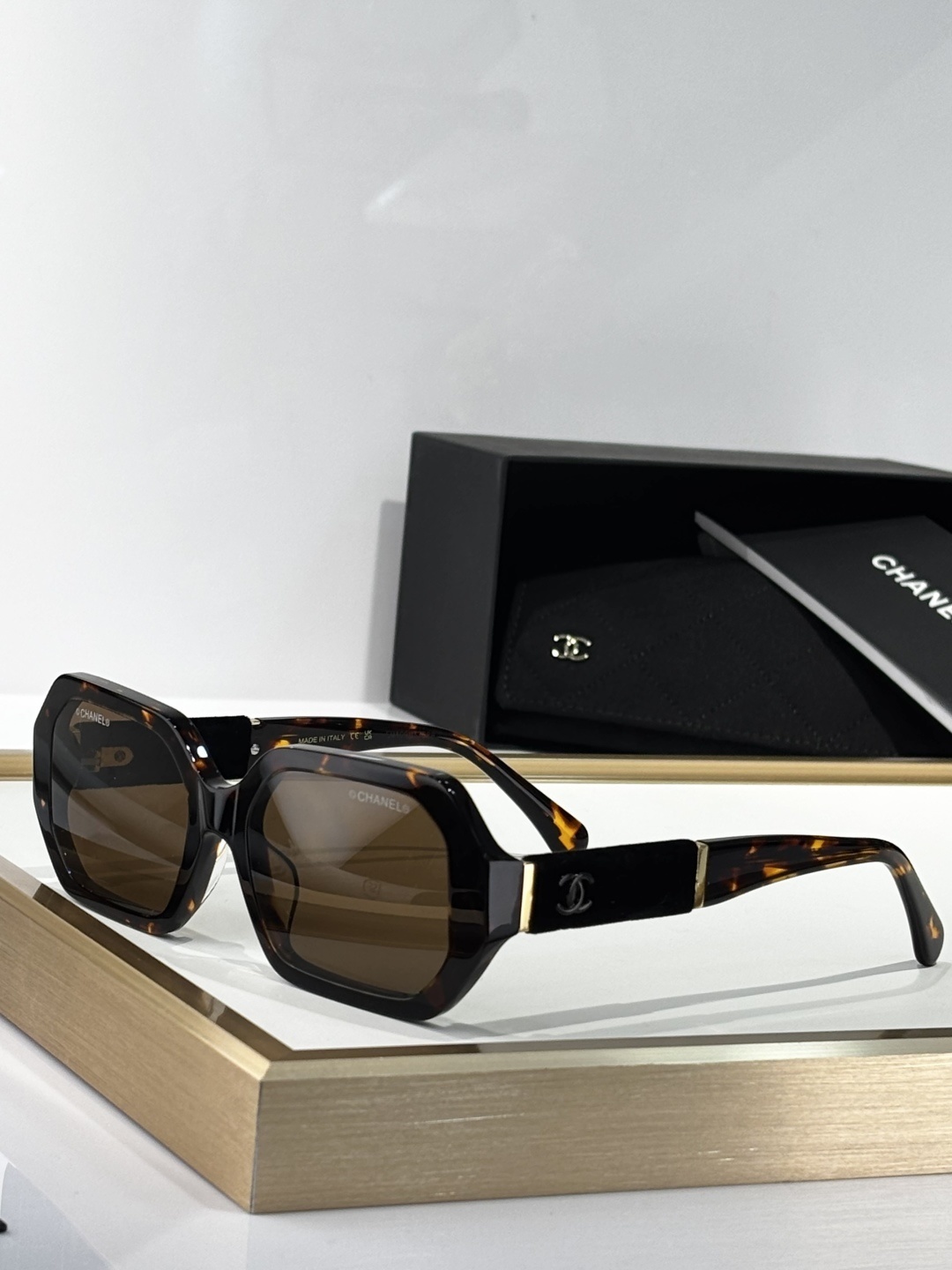 Chanel Square Tortoise Sunglasses with Velvet & Gold CC Logo