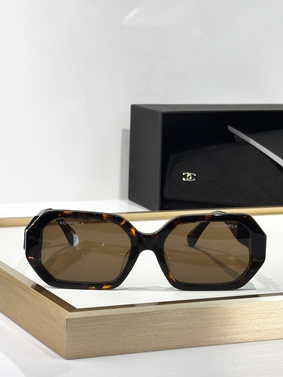 Chanel Square Tortoise Sunglasses with Velvet & Gold CC Logo