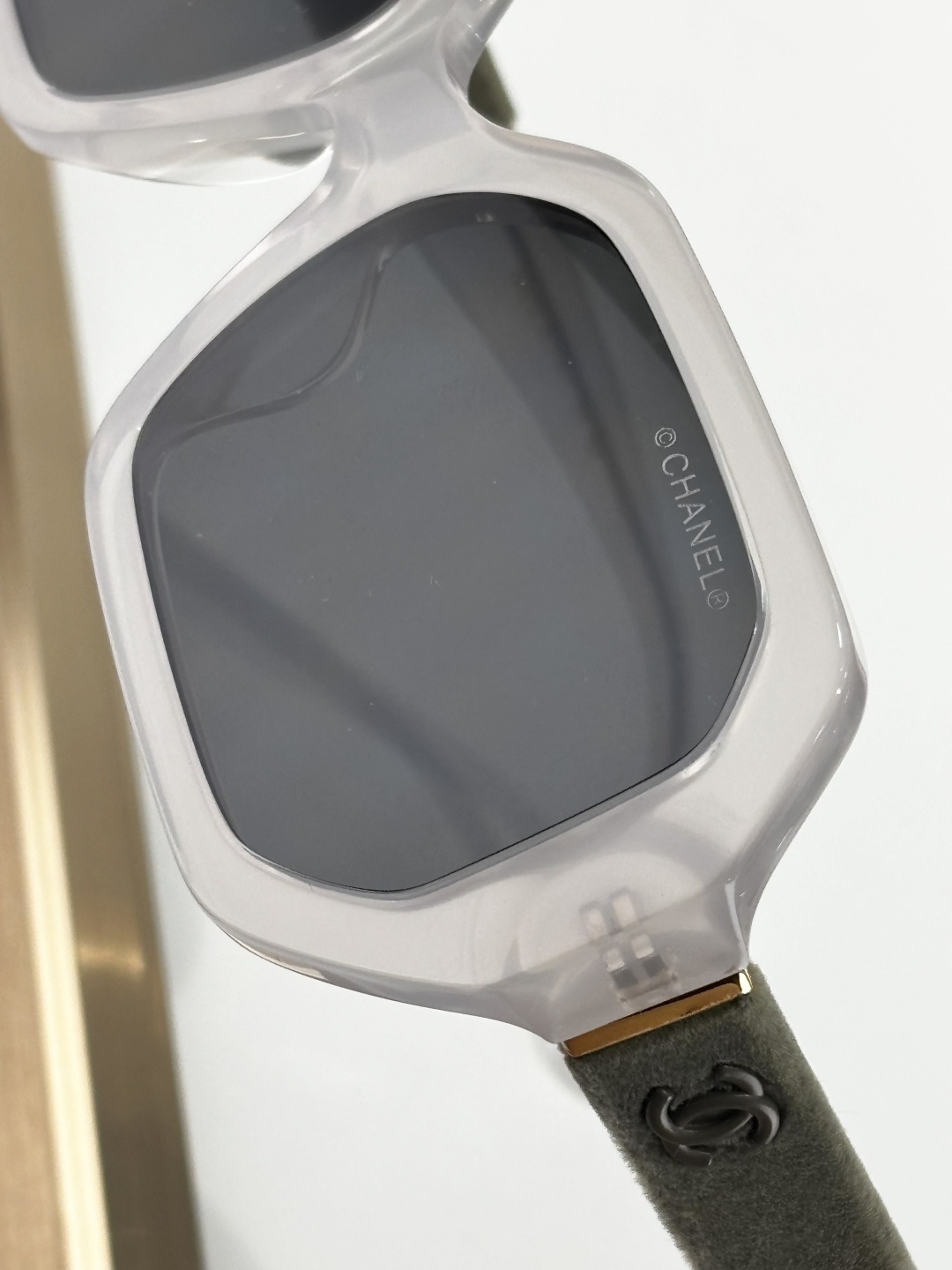 Chanel Luxury Translucent Grey Sunglasses with Velvet Temple Detail