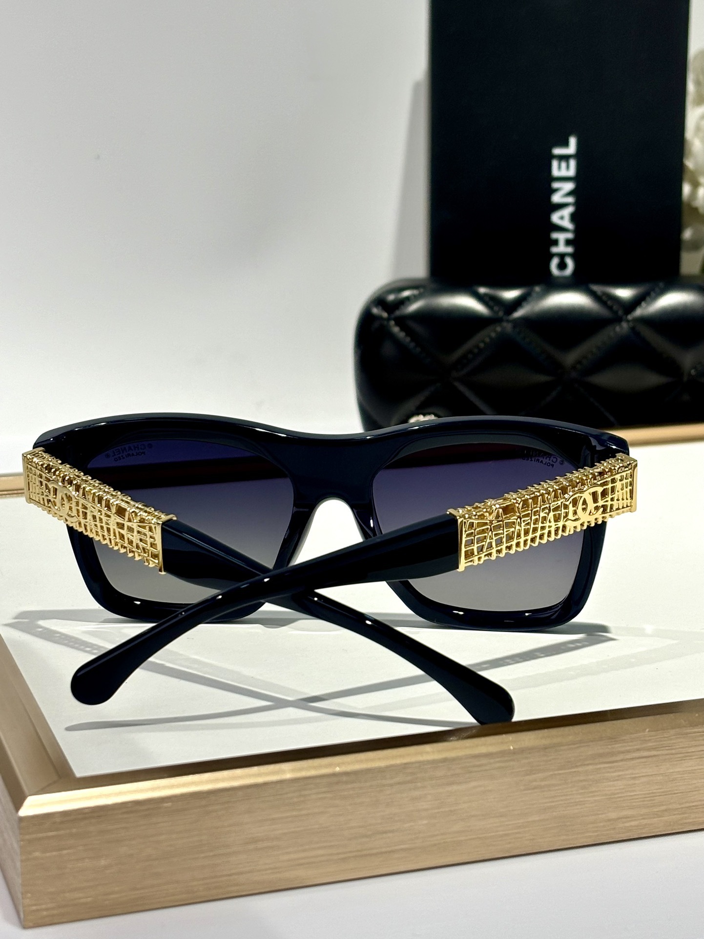Chanel Oversized Square Sunglasses - Navy Blue & Gold CC Temples