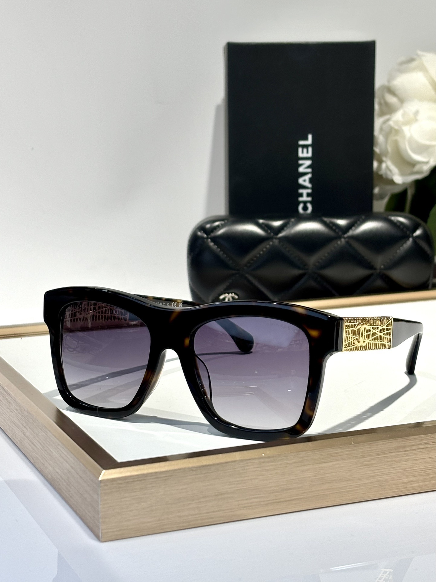 Chanel Oversized Tortoise Sunglasses with Gold Filigree CC Logo