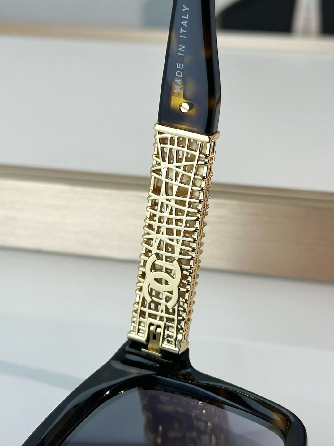 Chanel Black Square Polarized Sunglasses with Gold Lattice Temples