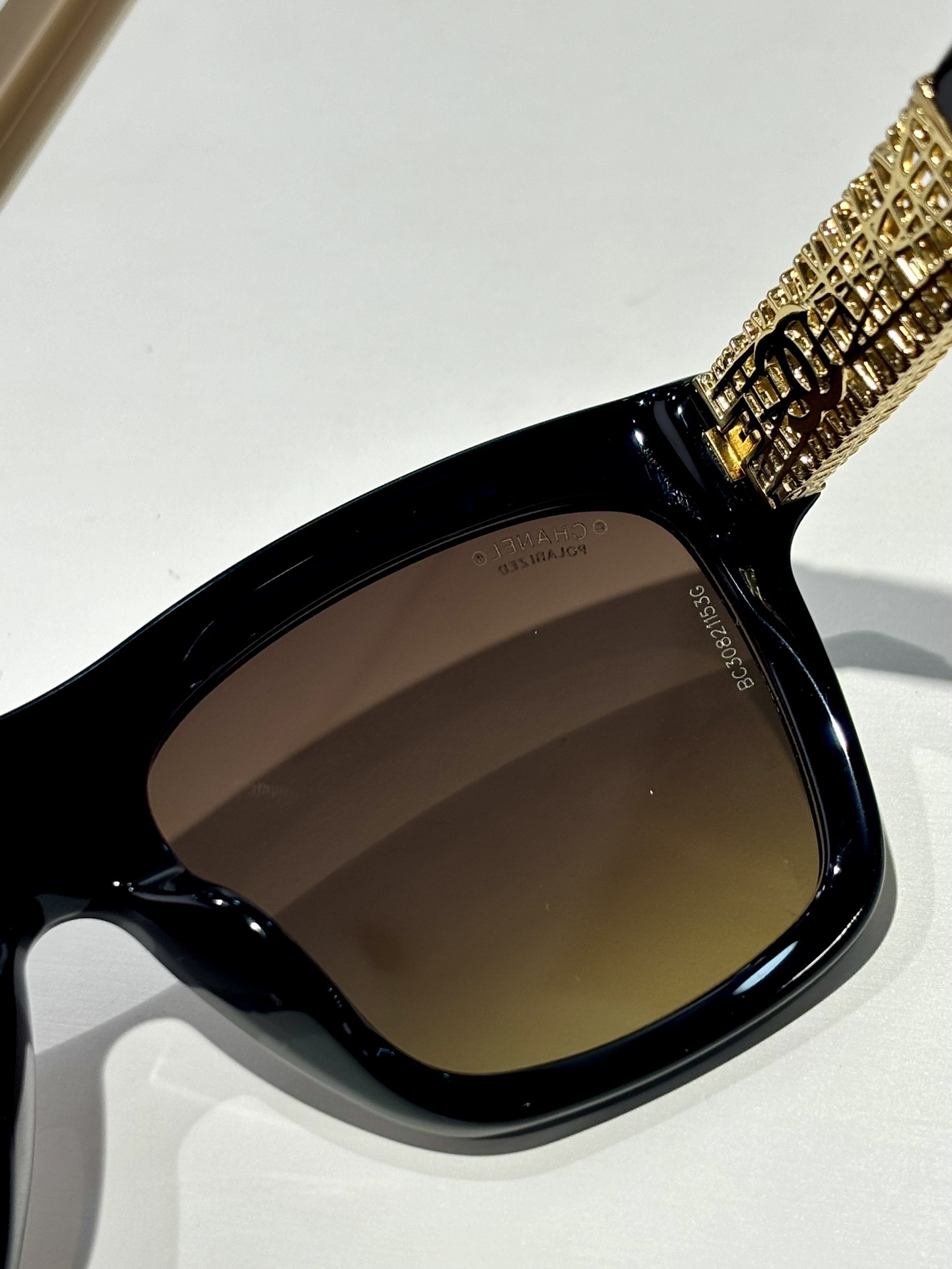 Chanel Black Square Polarized Sunglasses with Gold Lattice Temples