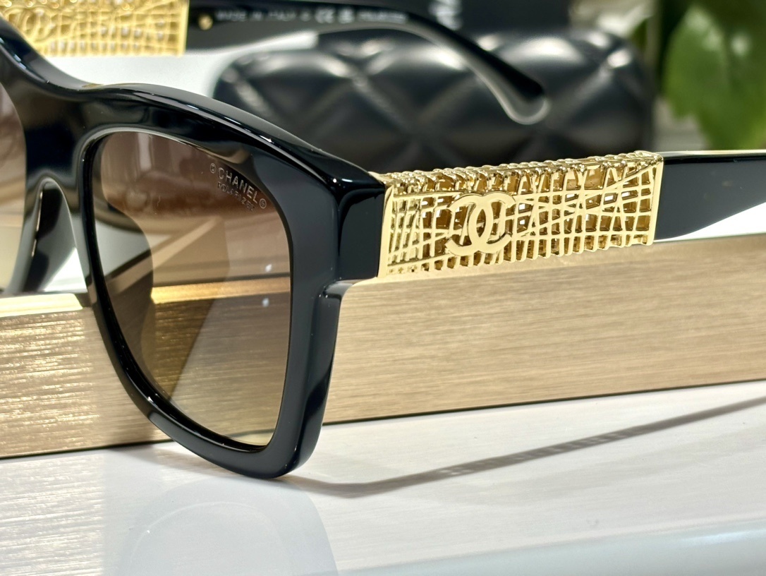 Chanel Black Square Polarized Sunglasses with Gold Lattice Temples
