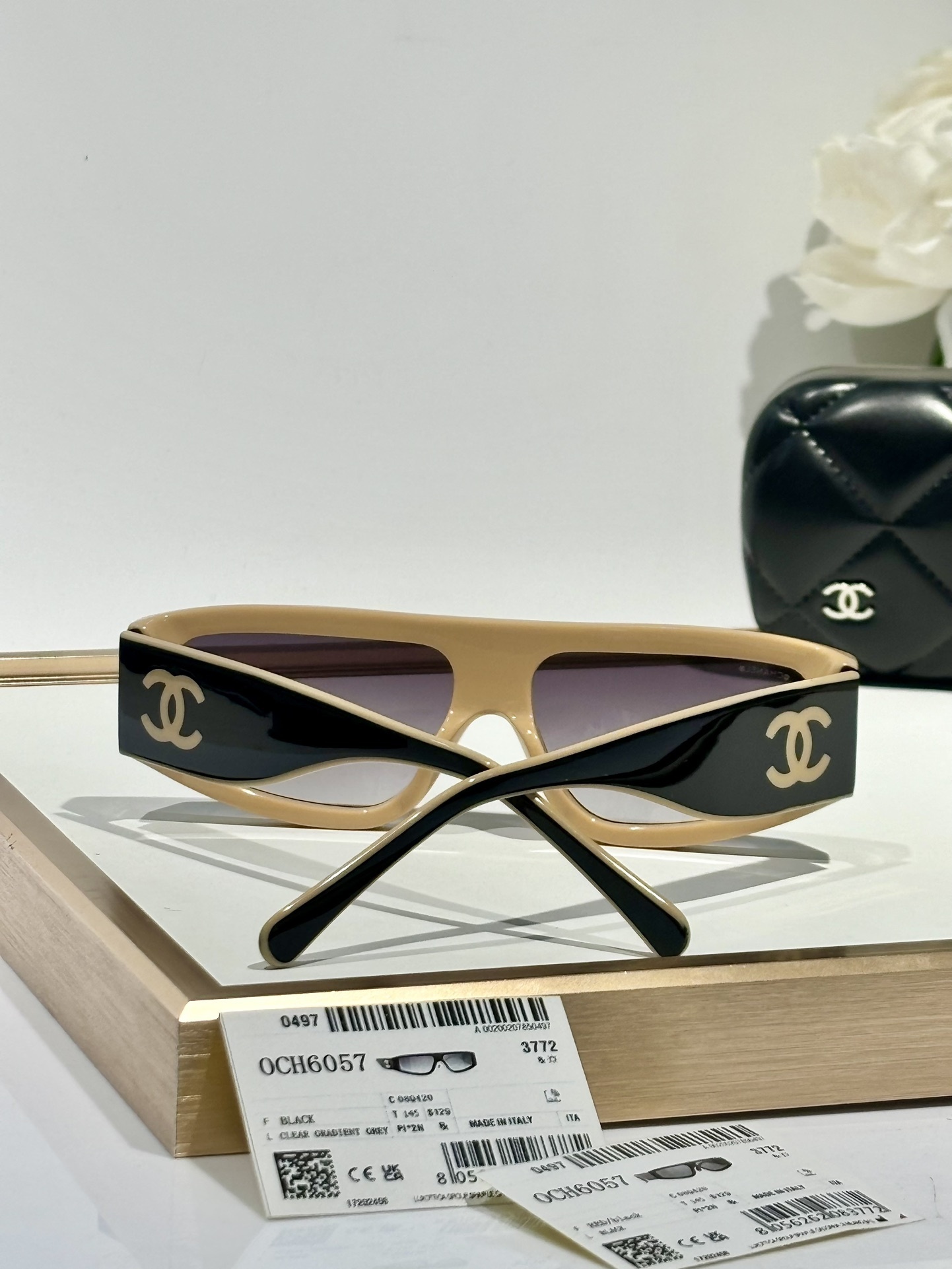 Chanel Black & Beige Shield Sunglasses with Large CC Logo