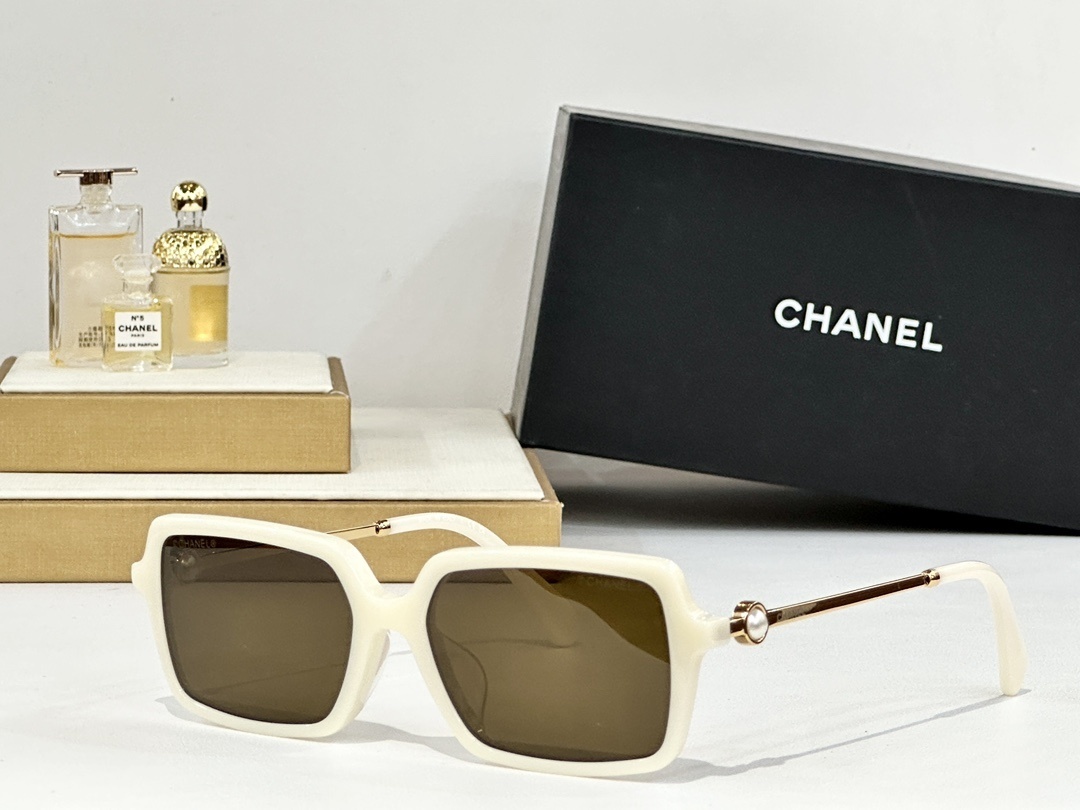 Luxury Chanel Square Sunglasses with Pearl Accent & Gold Temples