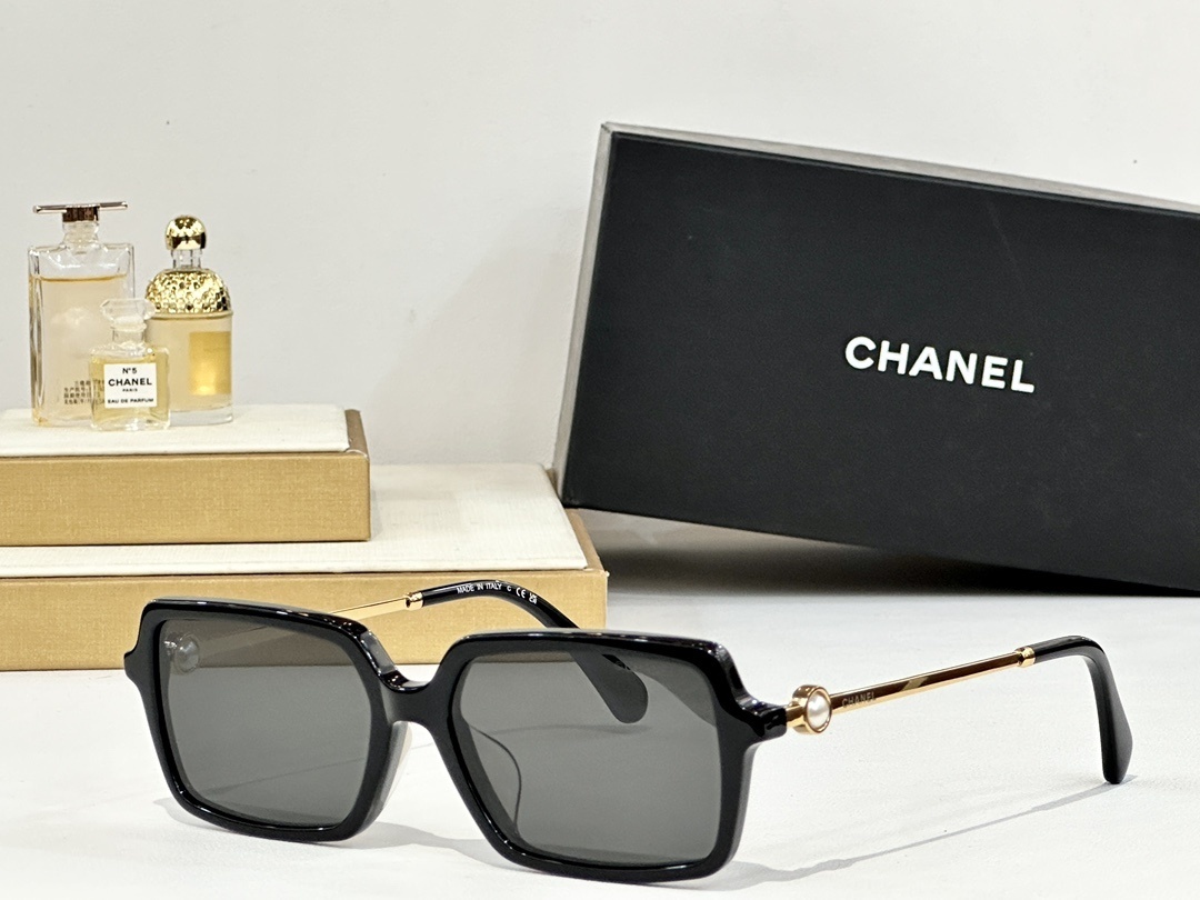 Luxury Chanel Square Sunglasses with Pearl Accent & Gold Temples
