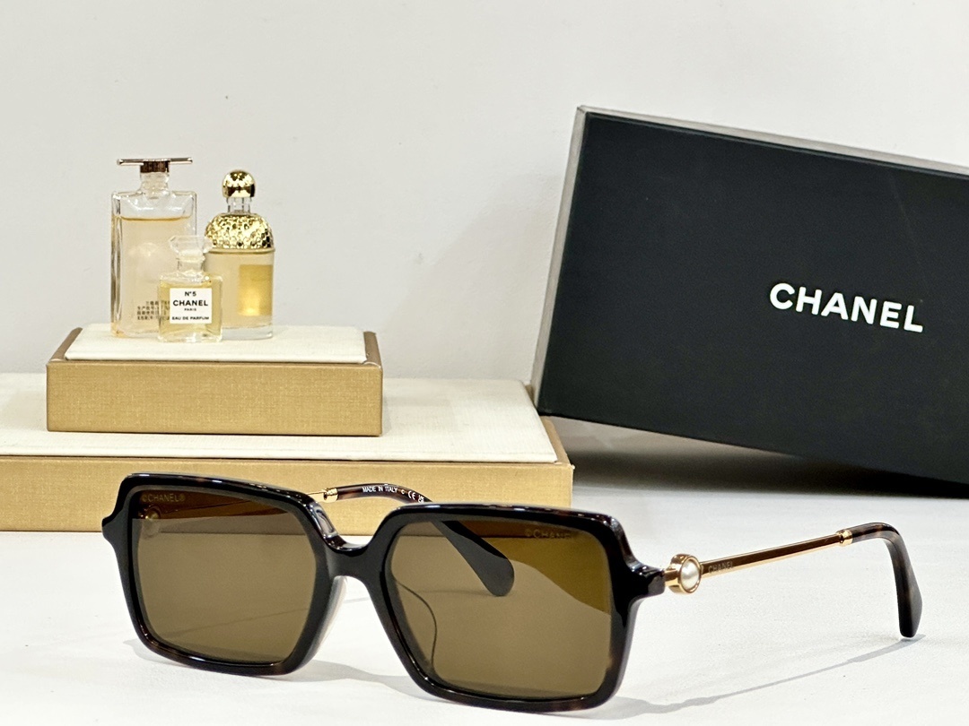 Luxury Chanel Square Sunglasses with Pearl Accent & Gold Temples