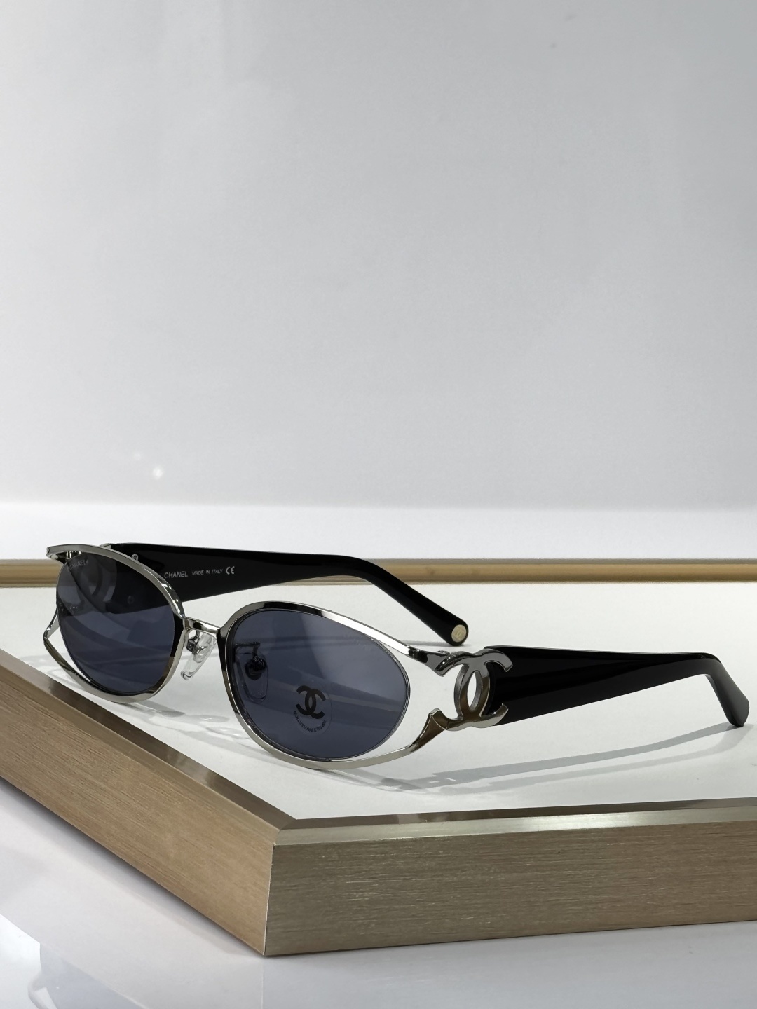 Luxury Chanel Oval Sunglasses - Silver Metal & Black Temple Design