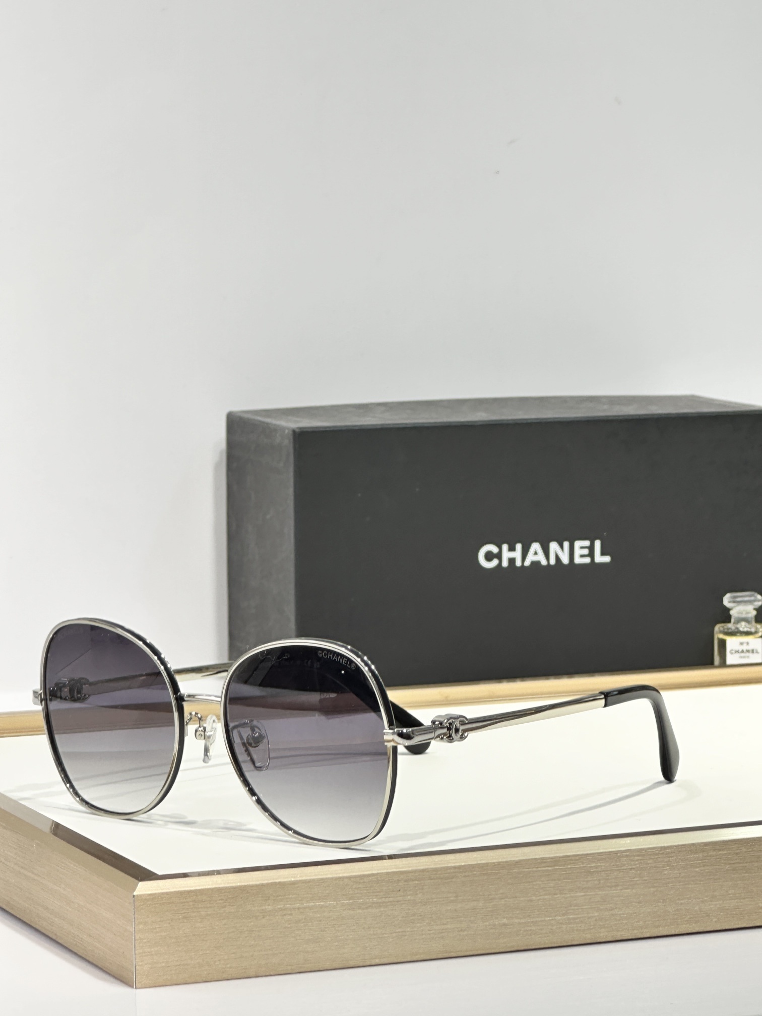 Chanel Luxury Gradient Round Aviator Sunglasses with CC Logo