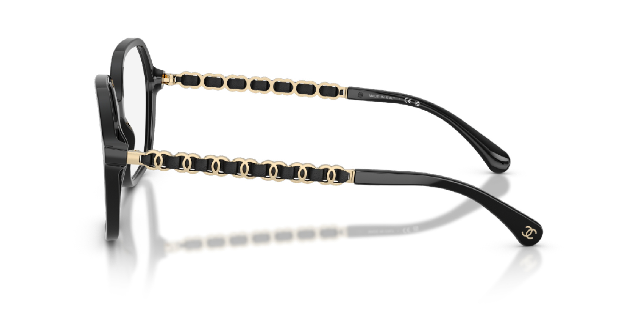 Chanel Navy Blue Square Eyeglasses with Leather Chain Temples