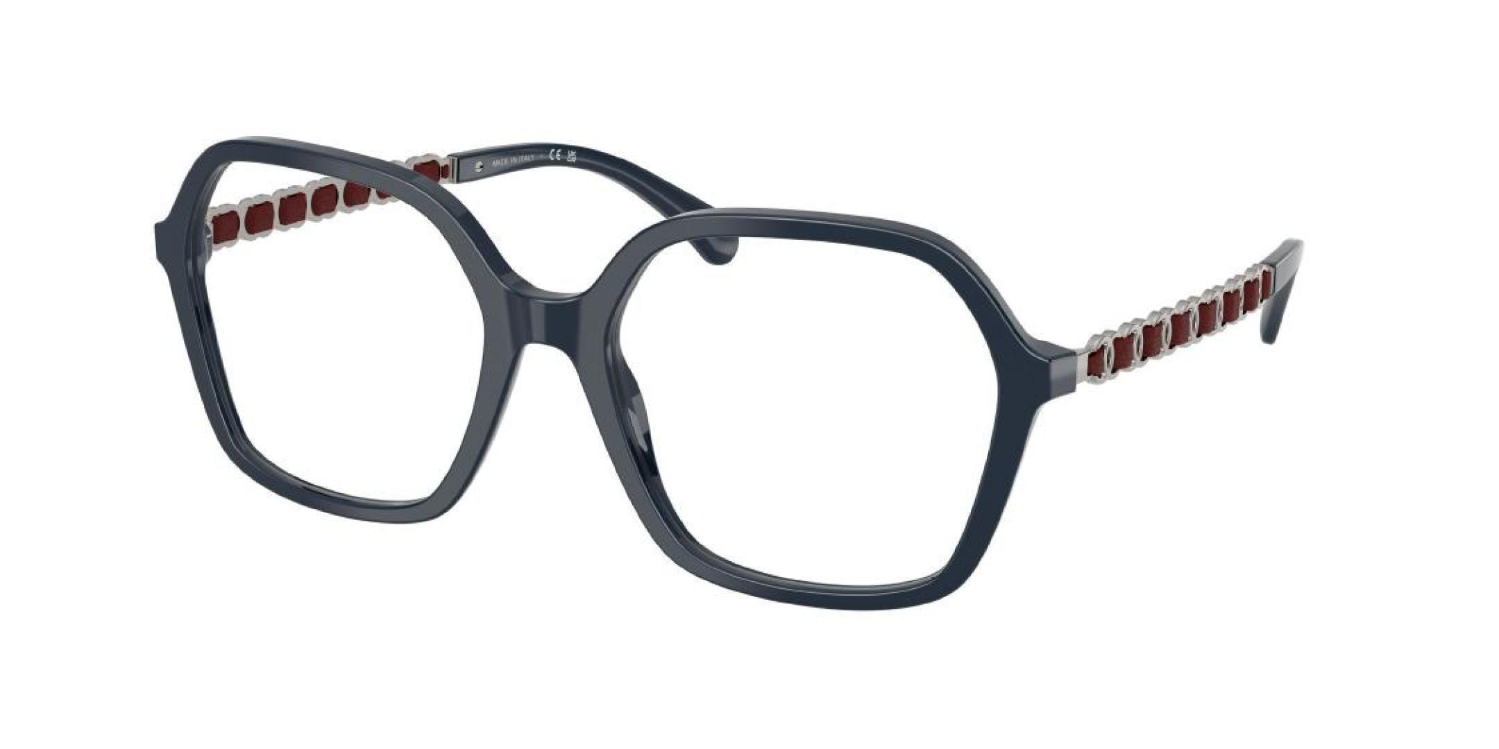 Chanel Navy Blue Square Eyeglasses with Leather Chain Temples