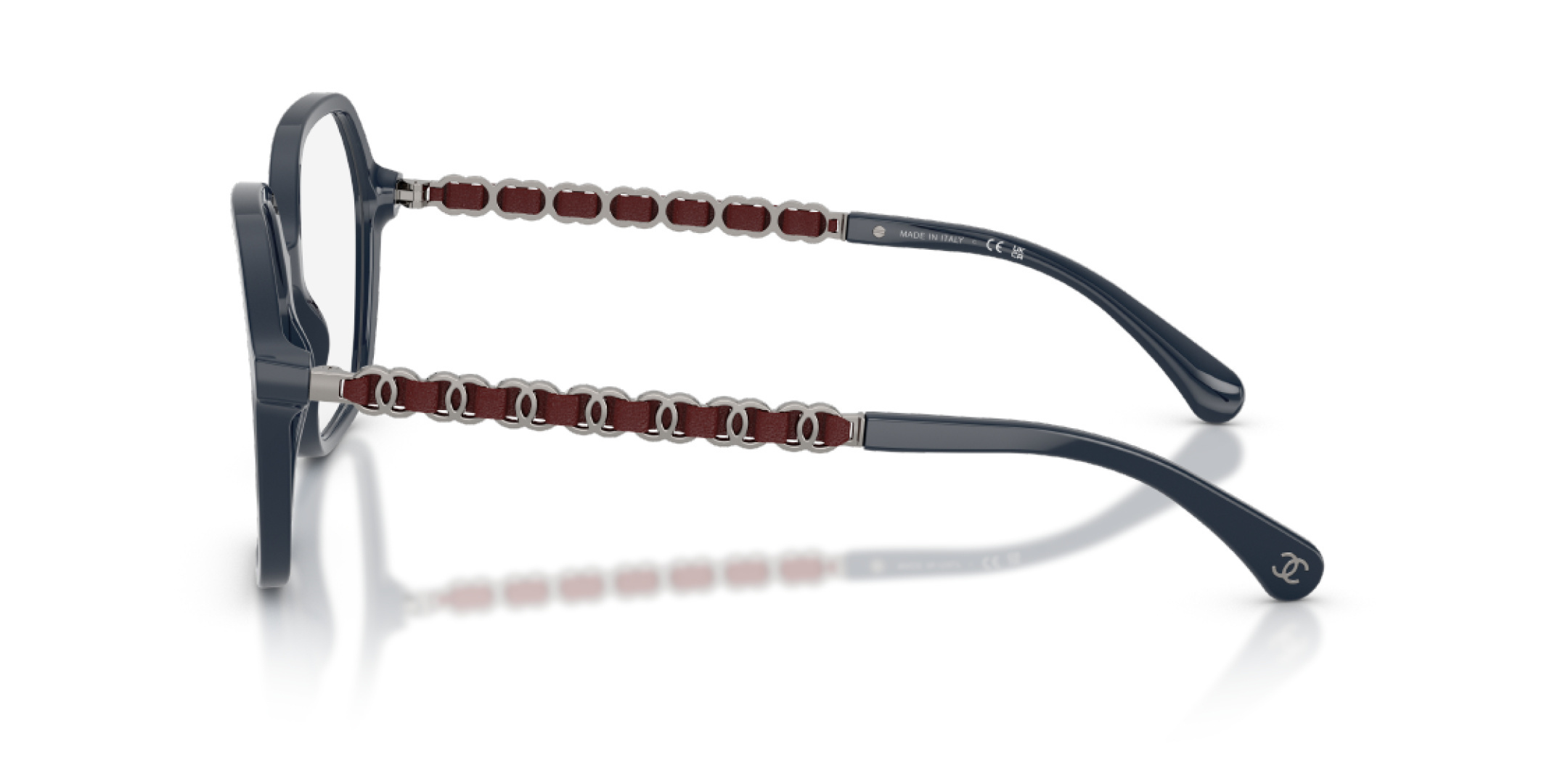 Chanel Navy Blue Square Eyeglasses with Leather Chain Temples