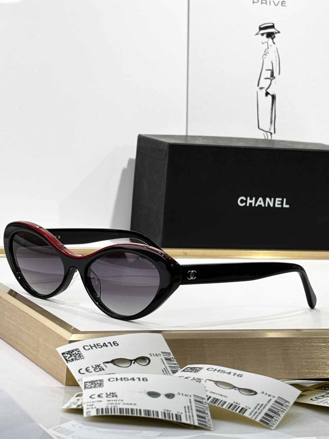 Chanel Black & Red Acetate Oval Sunglasses with Gradient Lenses