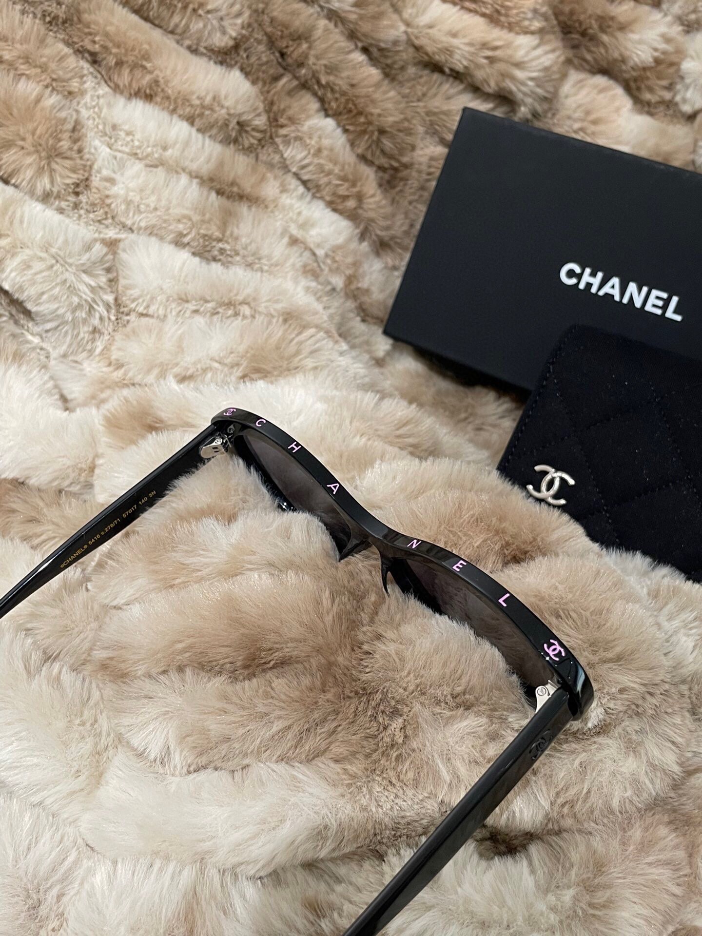 Chanel Black Oval Cat-Eye Sunglasses with Pink Logo Lettering