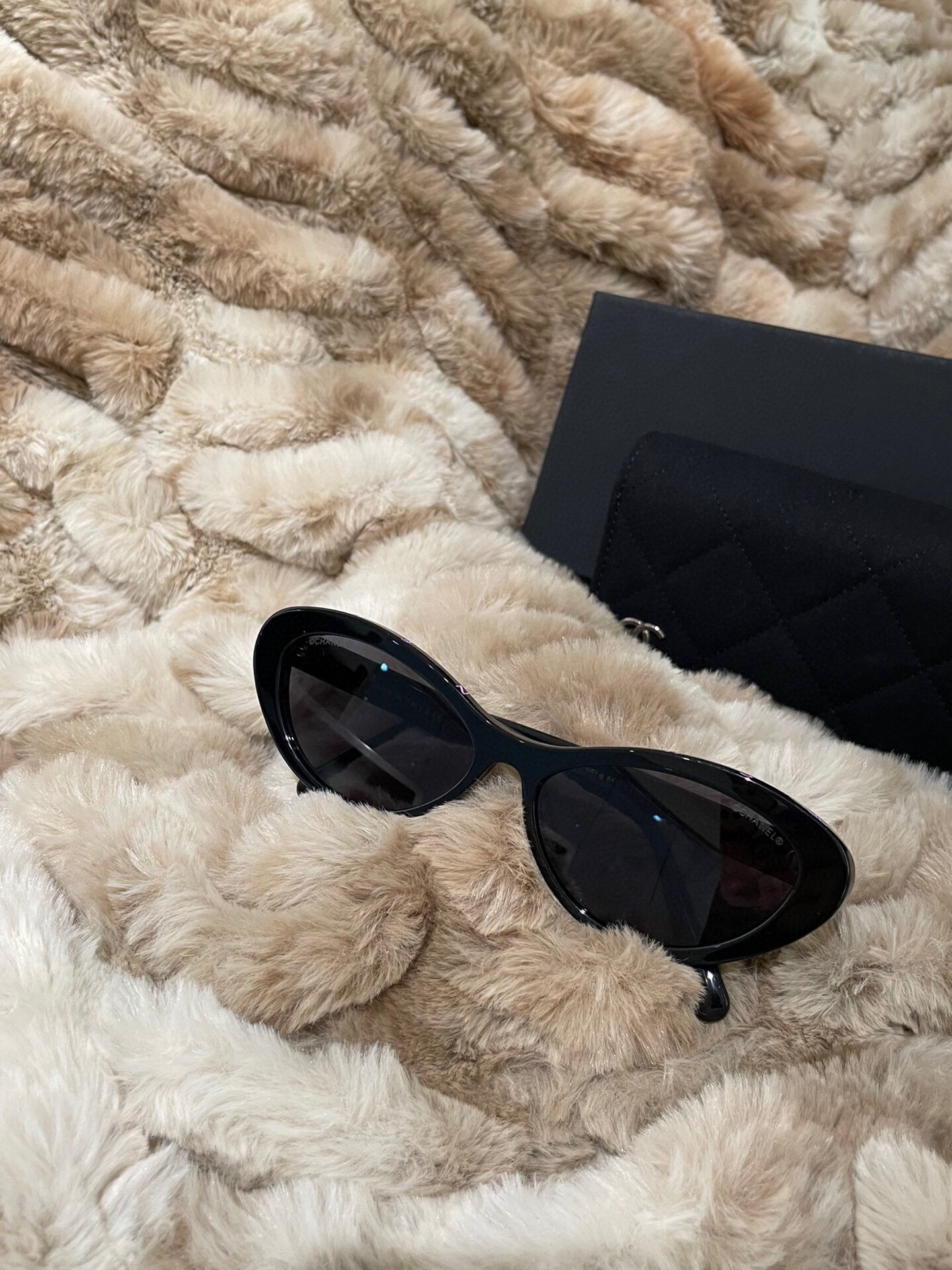 Chanel Black Oval Cat-Eye Sunglasses with Pink Logo Lettering