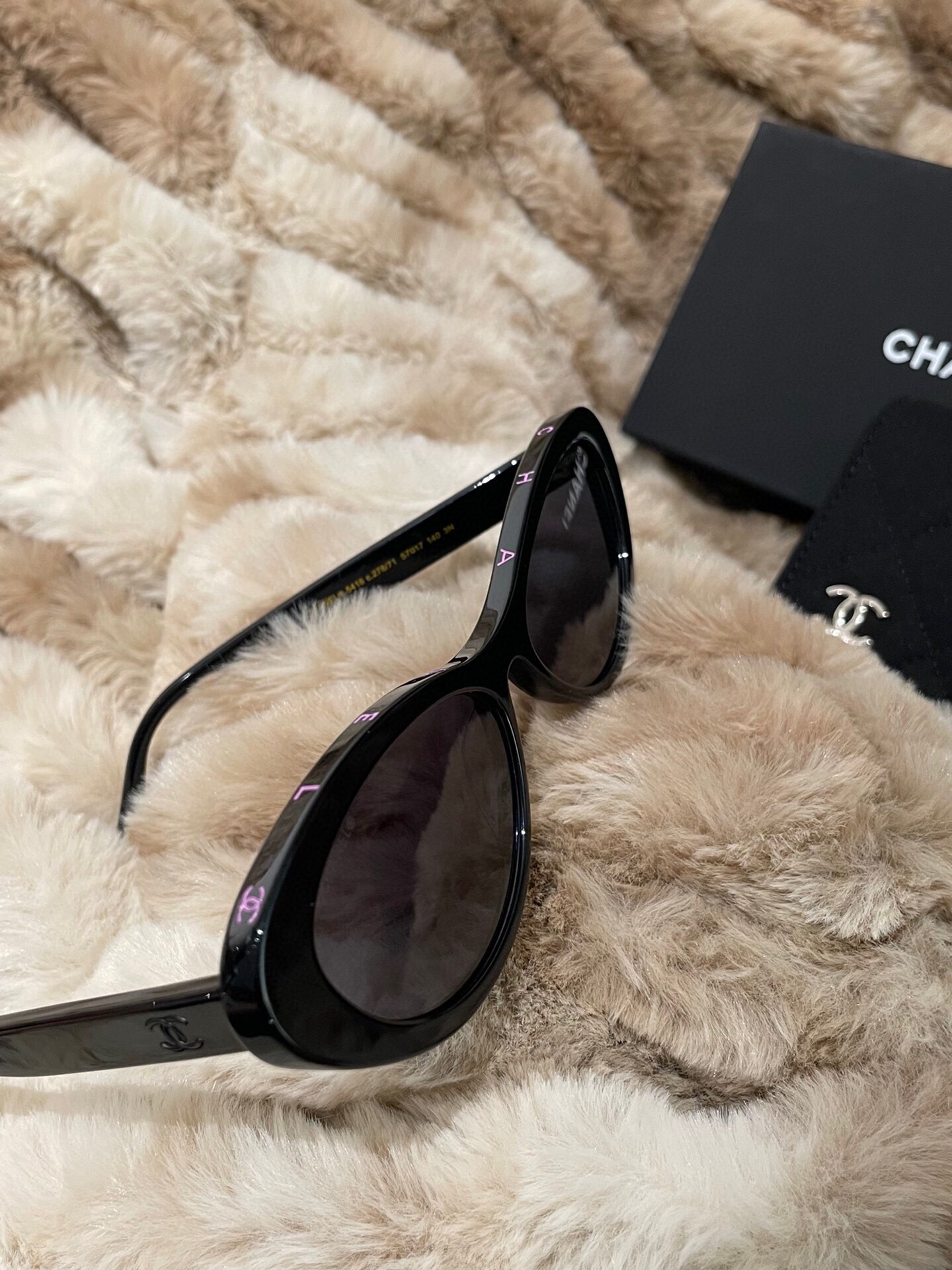 Chanel Black Oval Cat-Eye Sunglasses with Pink Logo Lettering