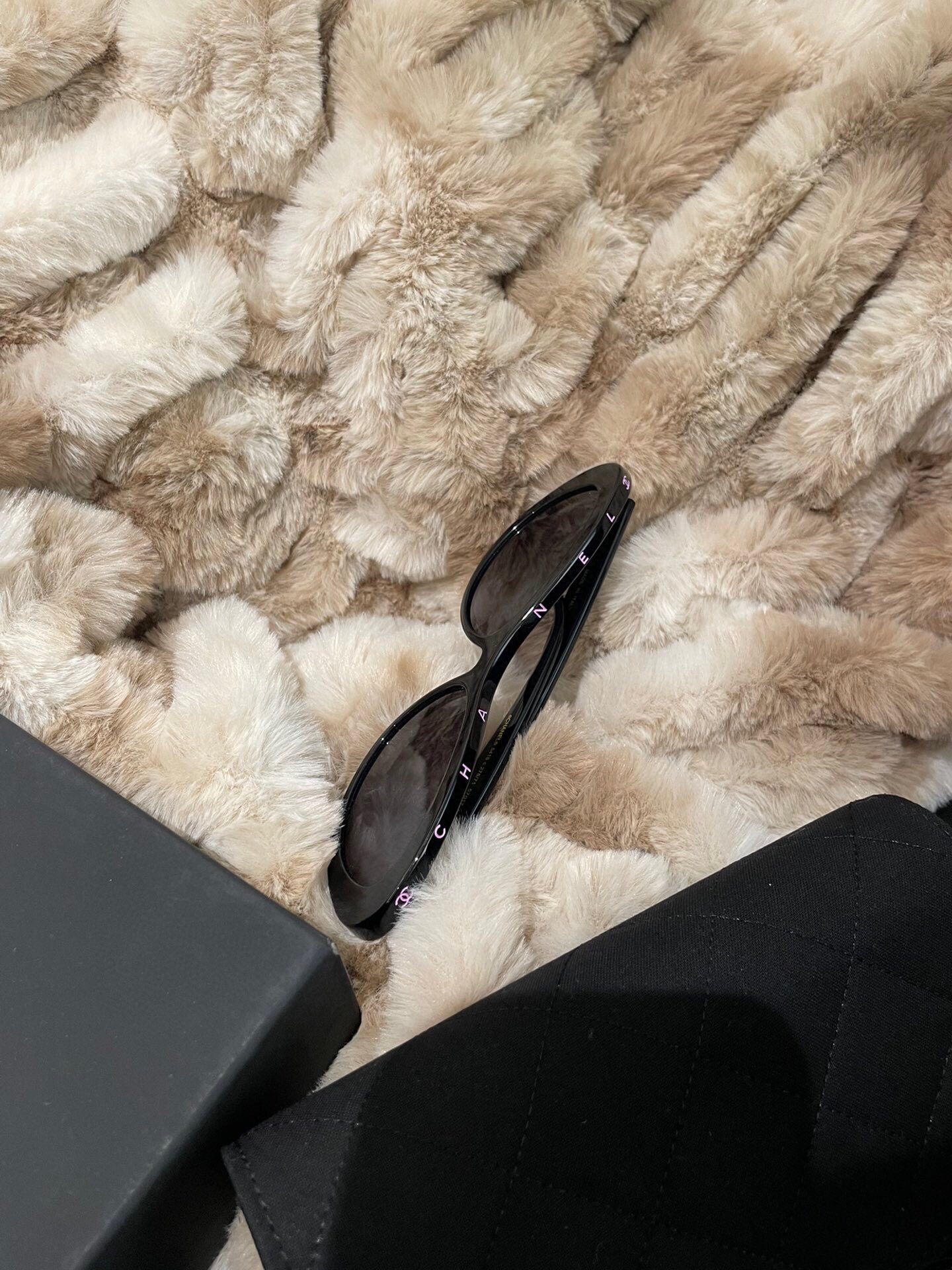 Chanel Black Oval Cat-Eye Sunglasses with Pink Logo Lettering